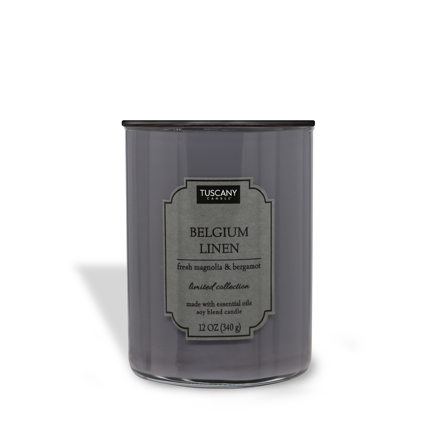 A gray candle in a jar labeled "Belgium Linen (12 oz) – Colorsplash Collection candle" with scent notes of magnolia and bergamot, indicating it's part of the Tuscany Candle® EVD collection and made with essential oils.