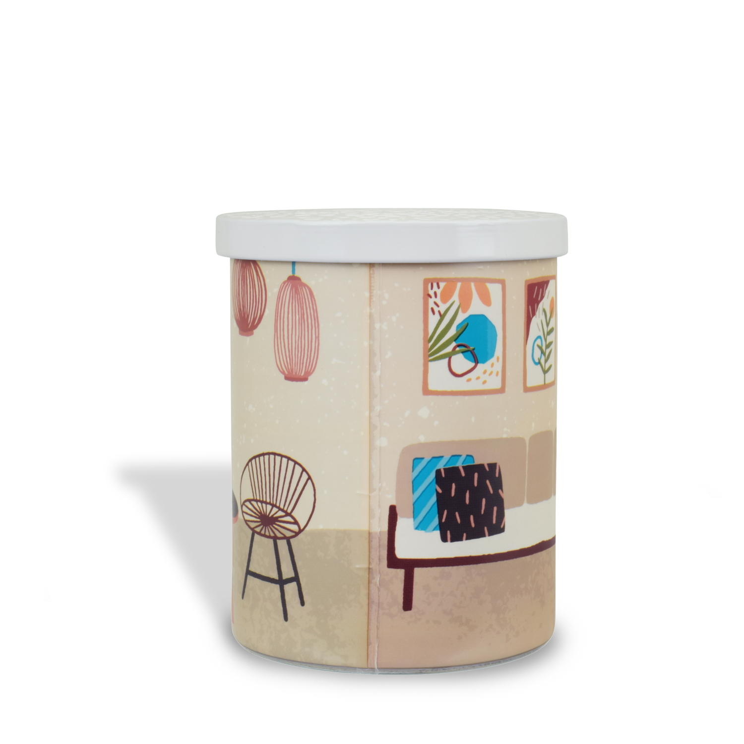 A Tuscany Candle Best Pals Scented Jar Candle (14 oz) from the Pet Odor Control Collection, with a picture of a living room designed to neutralize pet odors.