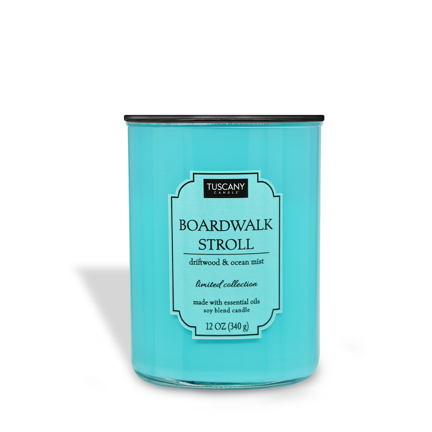 A turquoise-colored candle in a tin labeled "Boardwalk Stroll (12 oz) – Colorsplash Collection" with text describing it as a limited collection, made with essential oils, and weighing 12 oz by Tuscany Candle® EVD.