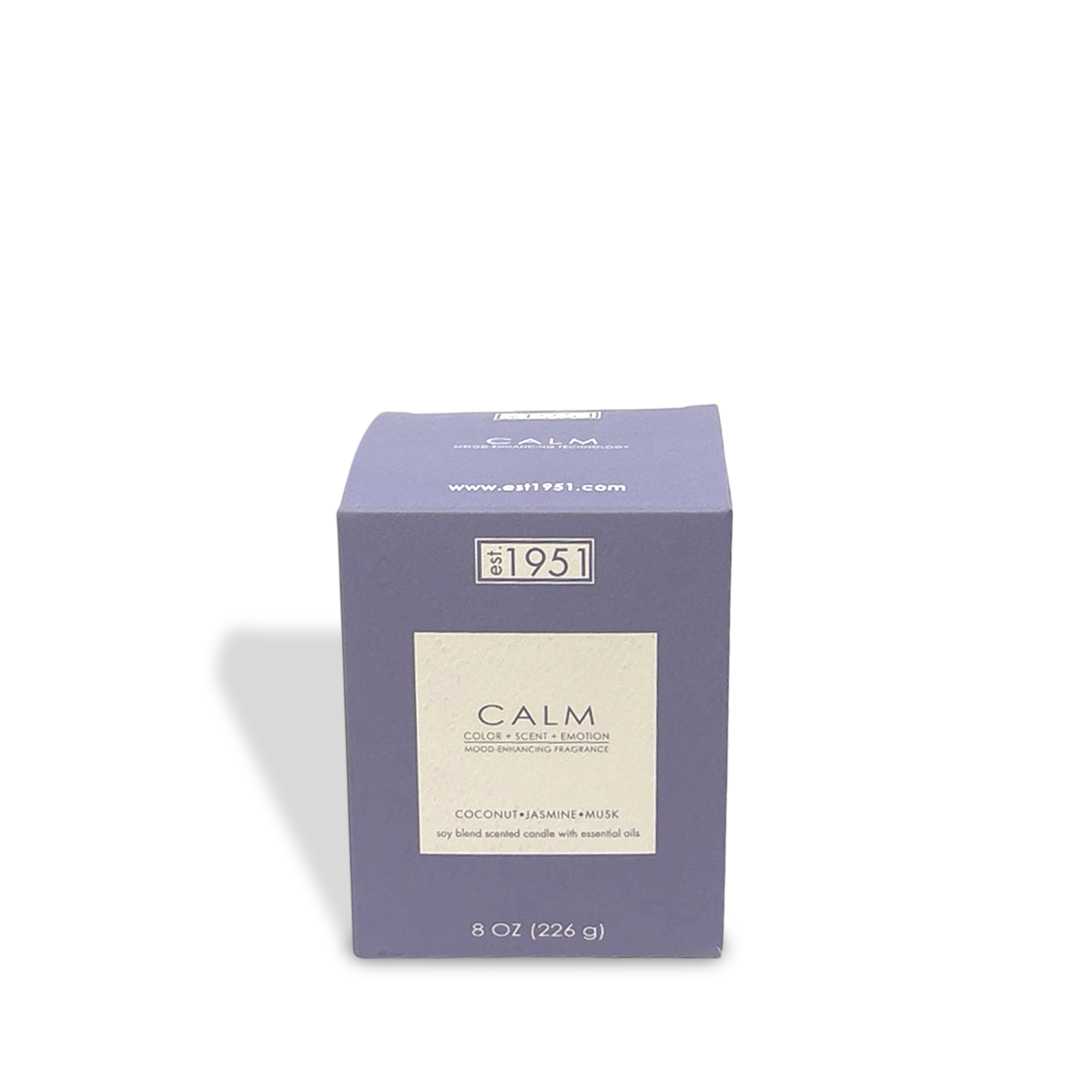 A purple “CALM” box holds an 8oz floral candle by est.1951, featuring a coconut, jasmine, and musk blend.