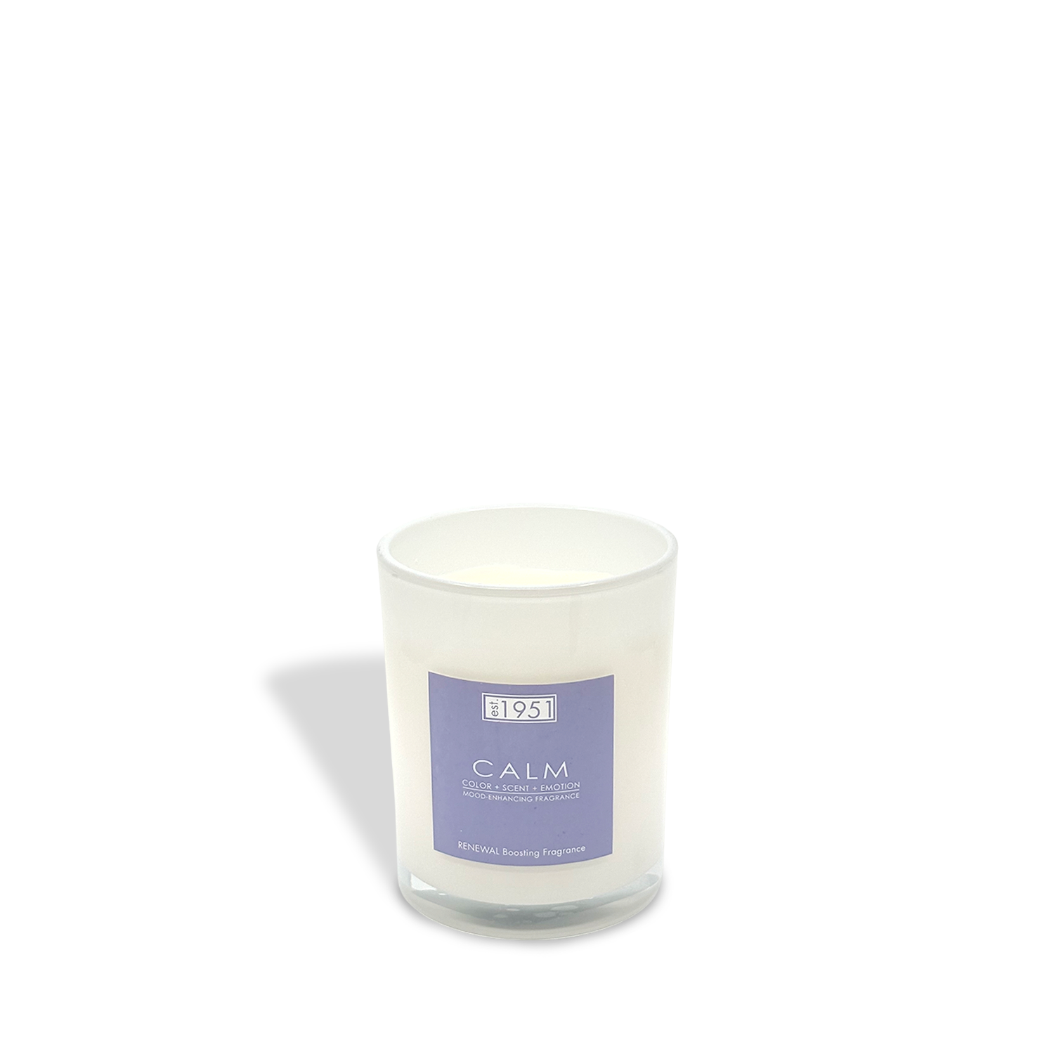 The est.1951 Calm (8oz) candle comes in a white glass jar with a light purple "Calm" label and offers a soothing coconut jasmine floral scent, displayed on a white background.