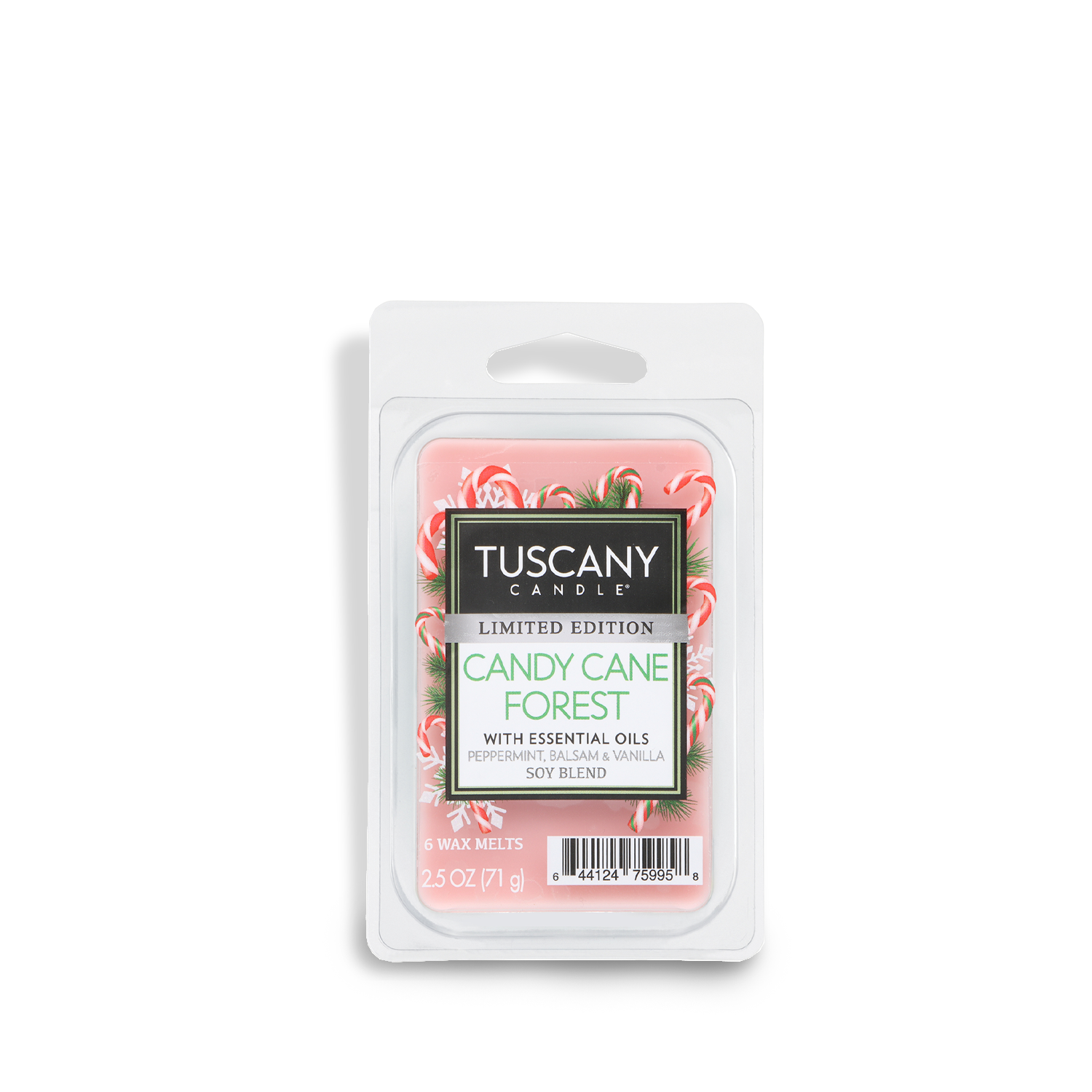 A 2.5 oz Tuscany Candle® SEASONAL Candy Cane Forest: Peppermint & Balsam Scented Holiday Wax Melt, featuring pink wax and a candy cane design on the label.