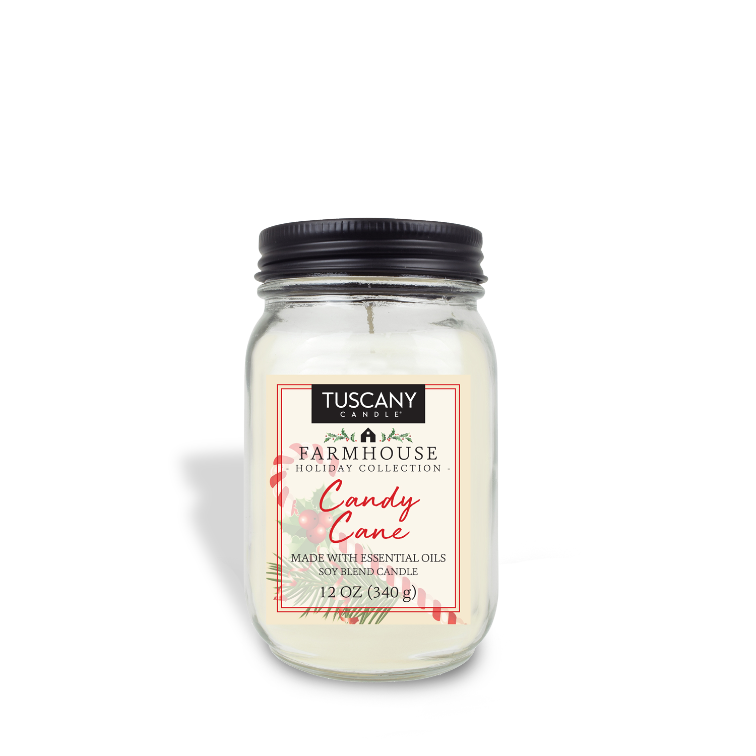 Candy Cane scented candle from the Farmhouse Christmas collection, housed in a mason jar with a matte black lid on a white background