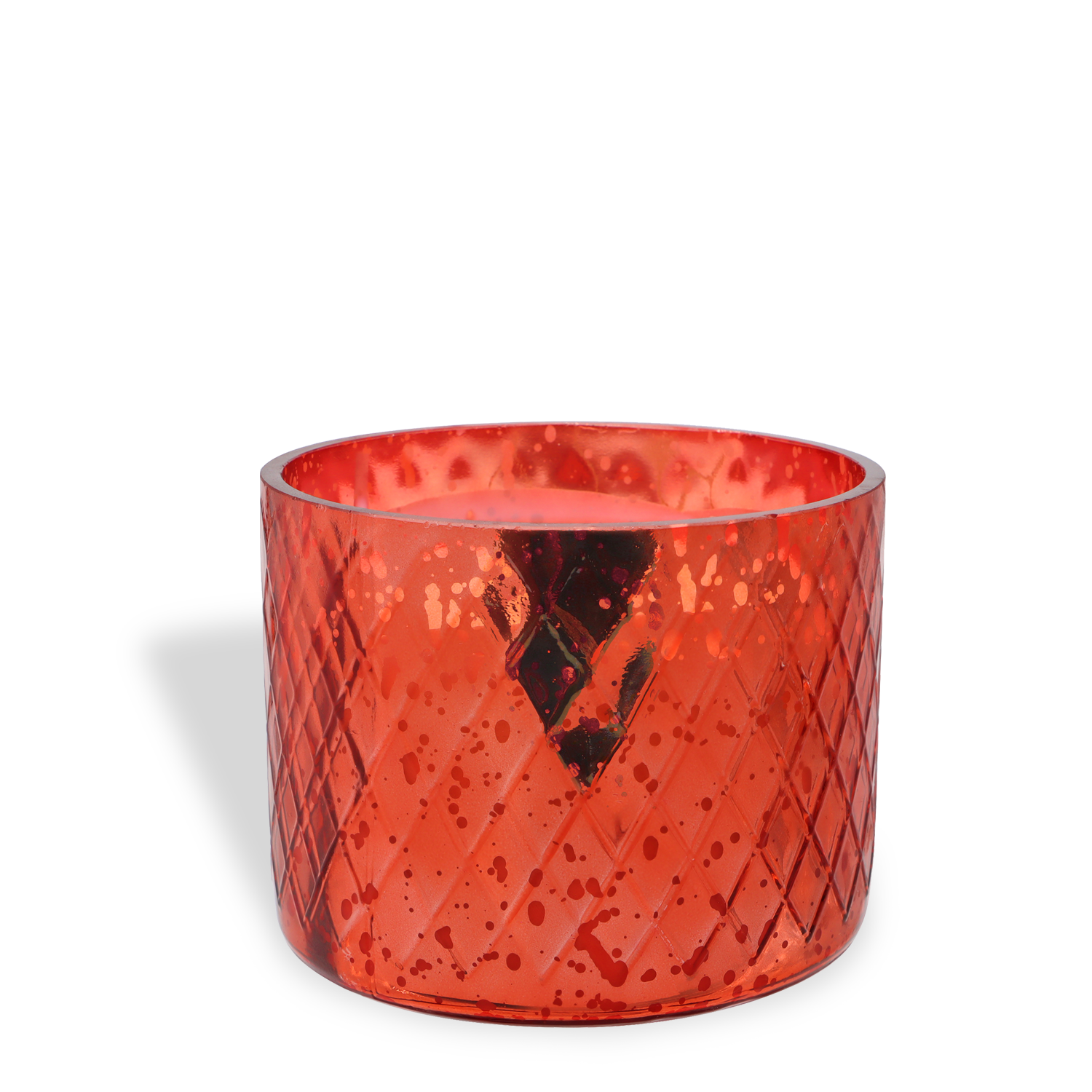 The Tuscany Candle® SEASONAL Celebrate The Season: Winterberry & Mandarin Scented Holiday Candle (15 oz) from the Winter Glow Collection features a red glass holder with a diamond pattern and speckled texture, displayed on a white background.