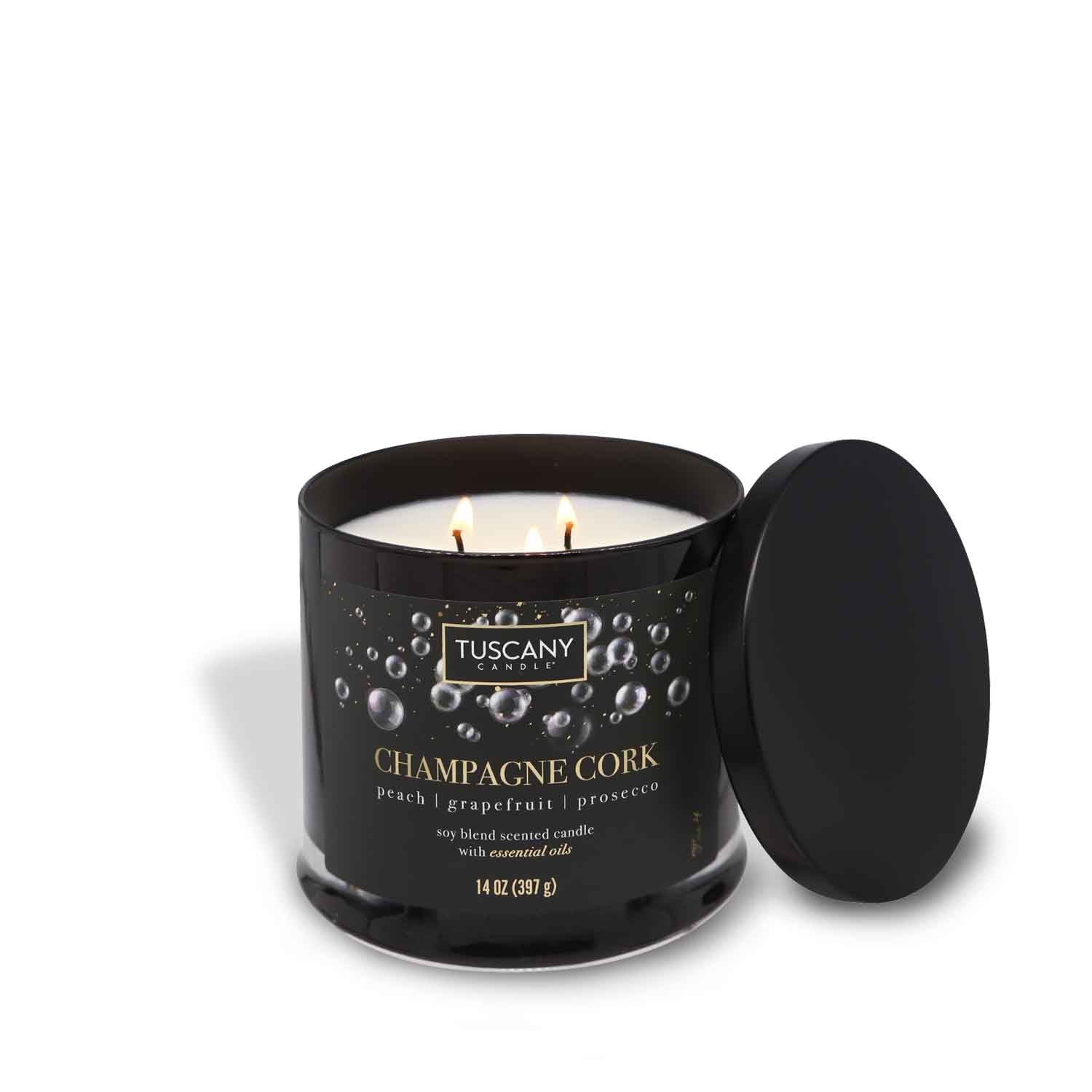 New Year's Eve 'Champagne Cork' candle, effervescing with the sparkling notes of Prosecco, sweetened peach, and zesty grapefruit, capturing the essence of festive celebrations.
