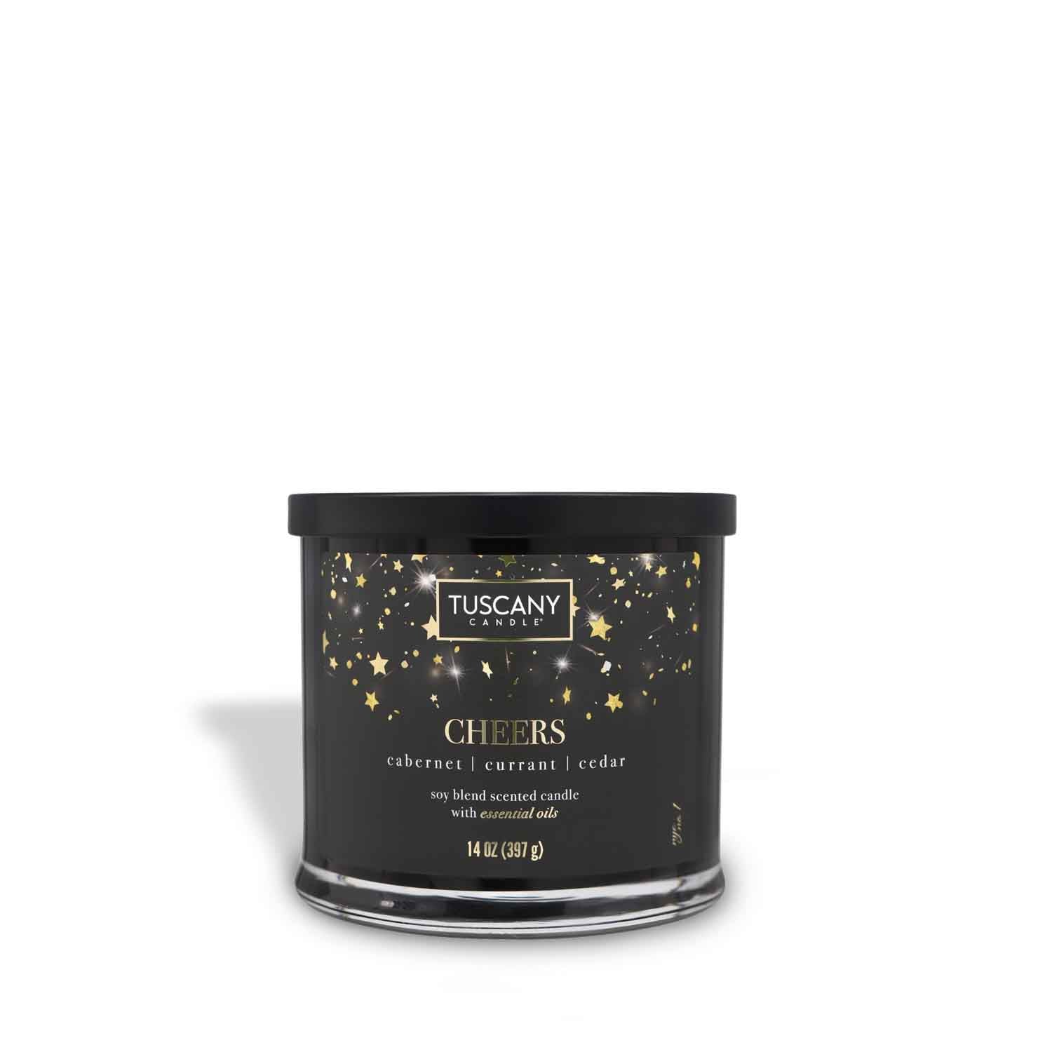 A tin with gold stars on a white background, perfect for a holiday celebration or as a Tuscany Candle Cheers Scented Candle (14 oz) from the Celebrations Collection.