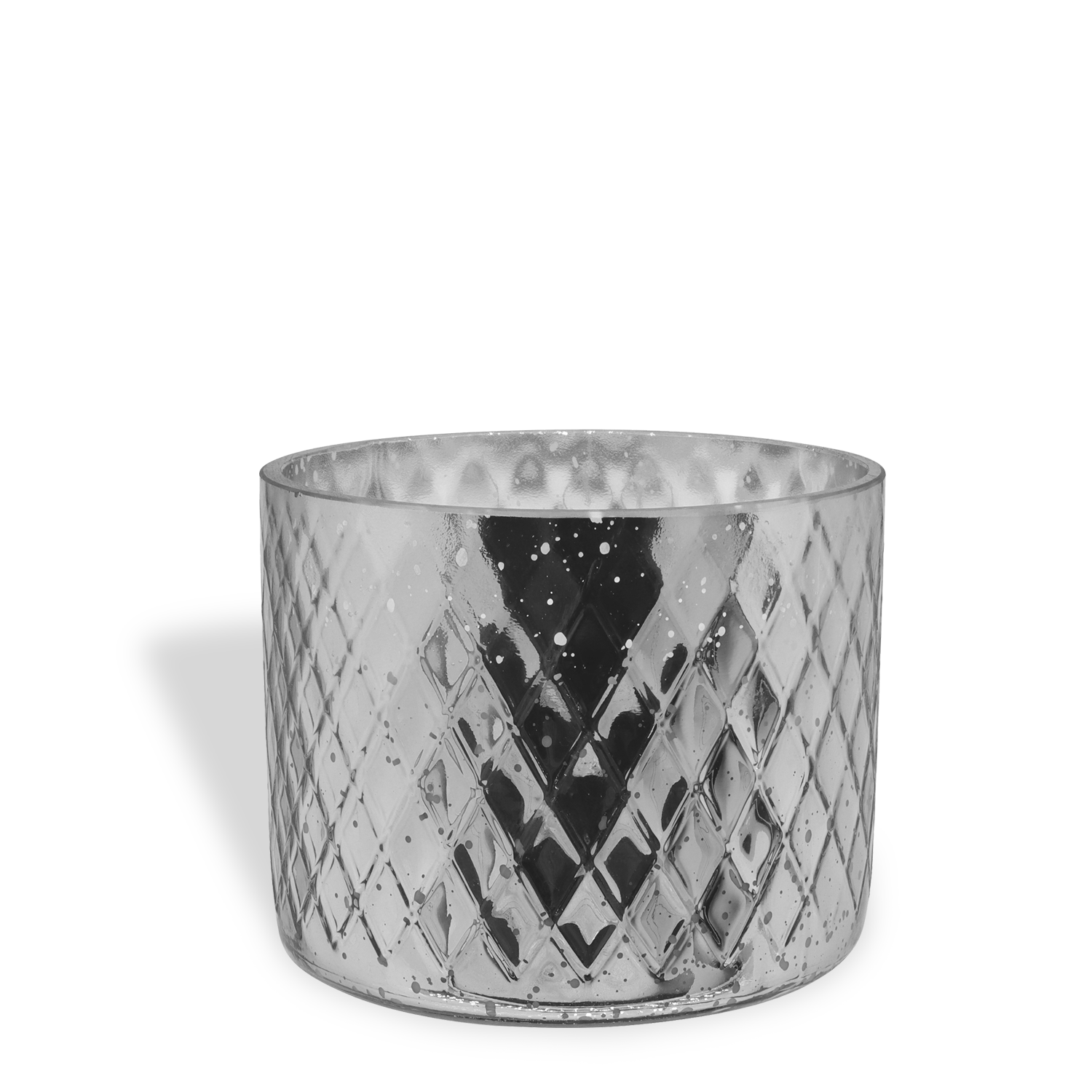 The Cheer The Year: Champagne & Yuzu Scented Holiday Candle (15 oz) from Tuscany Candle® SEASONAL features a round, silver glass jar with a diamond-patterned, reflective surface, casting a shadow on a white background.