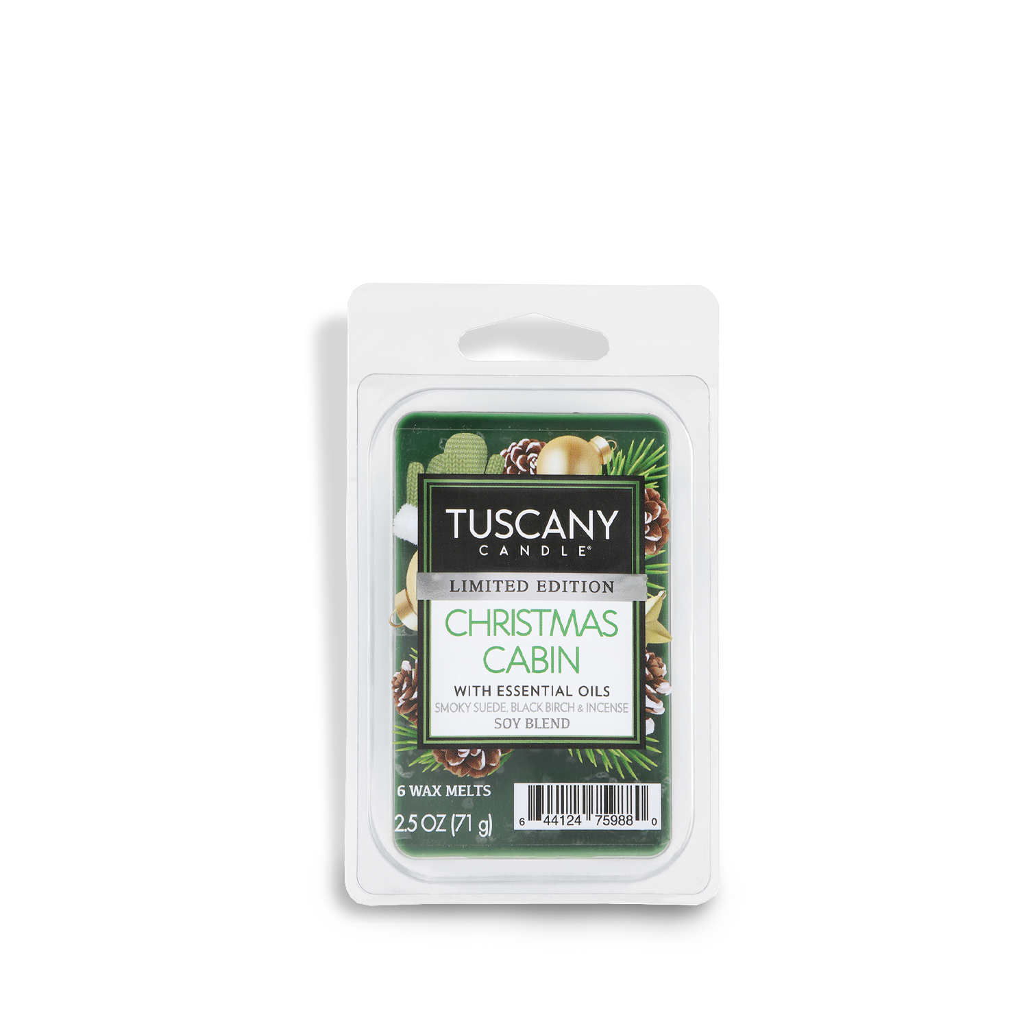 A limited edition Tuscany Candle® SEASONAL Christmas Cabin: Smoky Suede & Birch Scented Holiday Wax Melt, 2.5 oz, features holiday scents with essential oils.