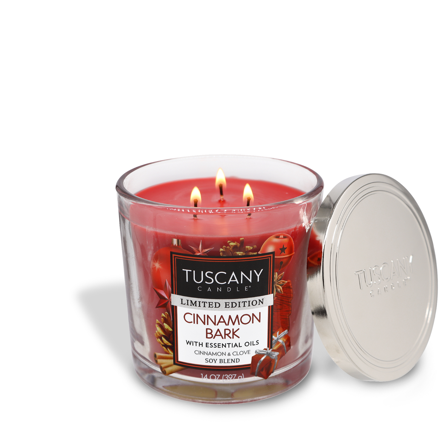 14oz Cinnamon Bark scented candle in a glass jar with a silver lid, exuding warm aromas of Cinnamon and Clove, part of the Christmas candle collection.
