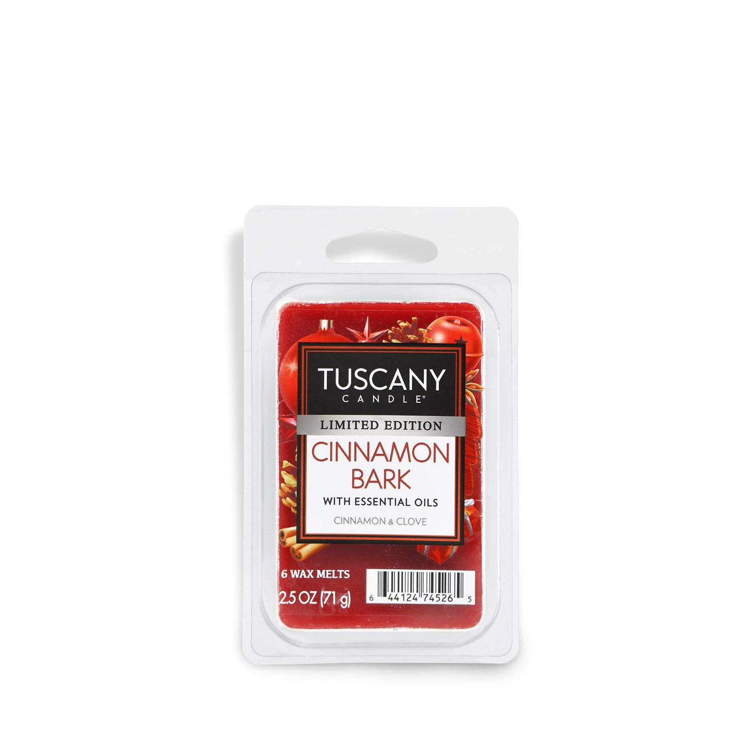 A bright red holiday wax melt bar featuring cinnamon and clove fragrances.