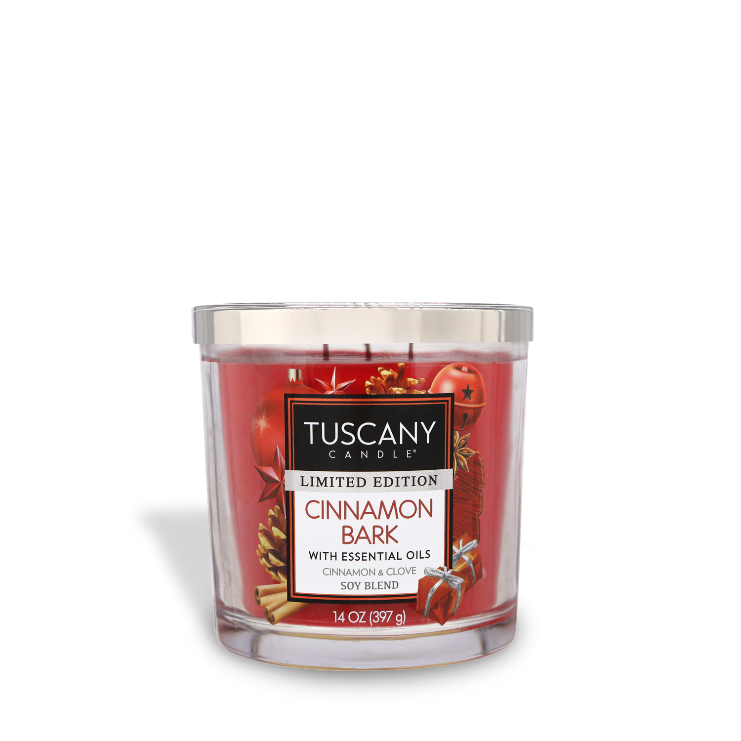 14oz Cinnamon Bark scented candle in a glass jar with a silver lid, exuding warm aromas of Cinnamon and Clove, part of the Christmas candle collection.