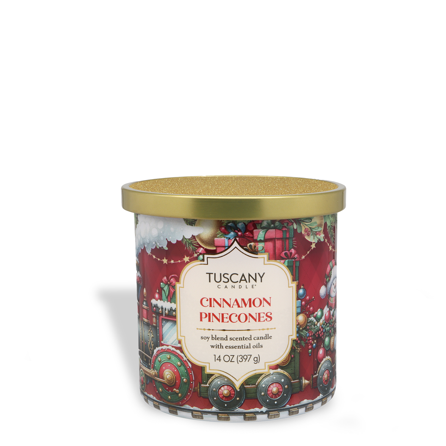 The Tuscany Candle® SEASONAL 14 oz "Cinnamon Pinecones: Warm Cinnamon & Clove Scented Holiday Candle" from the Traditions Collection features a festive holiday train design and a glittery gold lid.