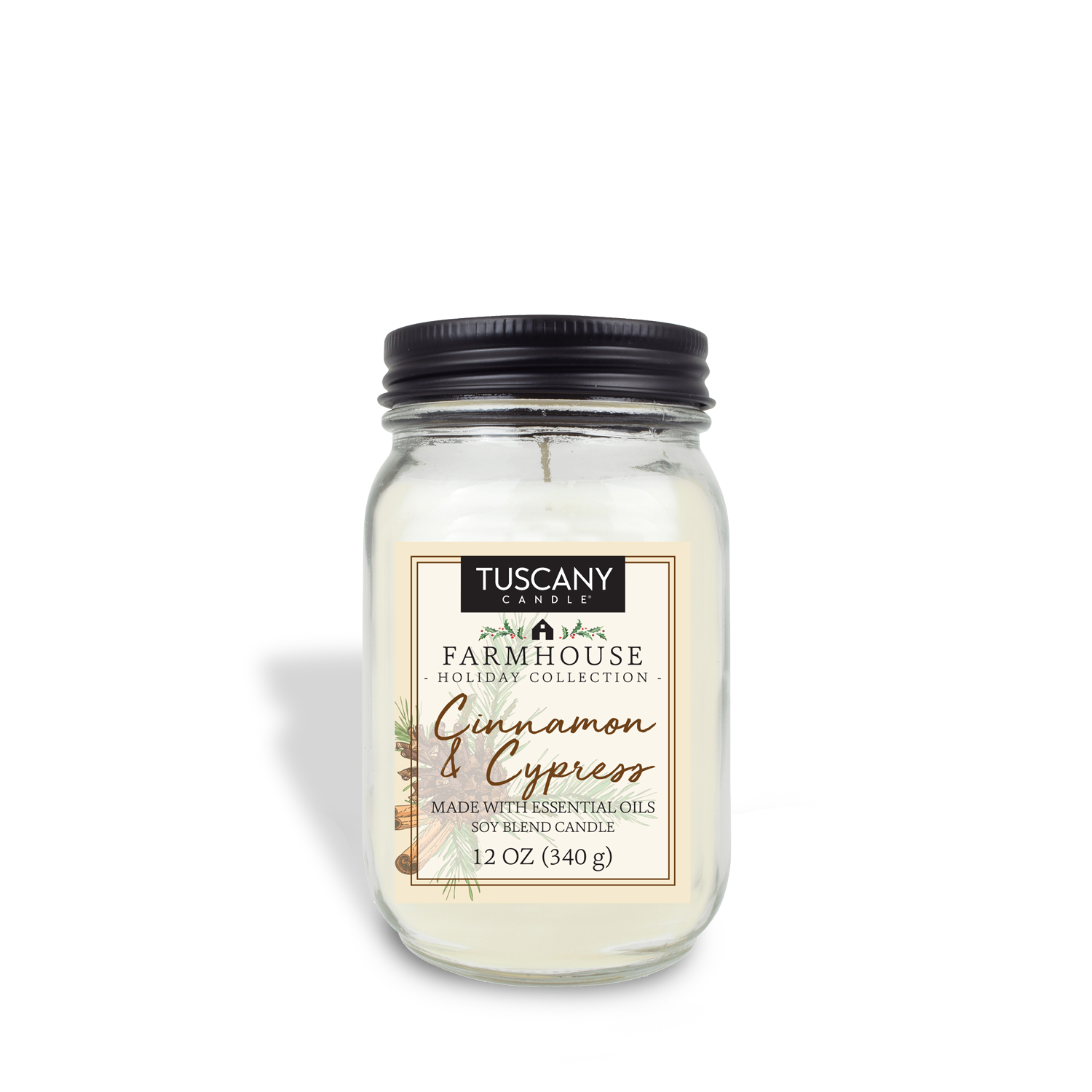 Cinnamon & Cypress scented candle from the Farmhouse Christmas collection, showcased in a mason jar with a matte black lid against a white backdrop