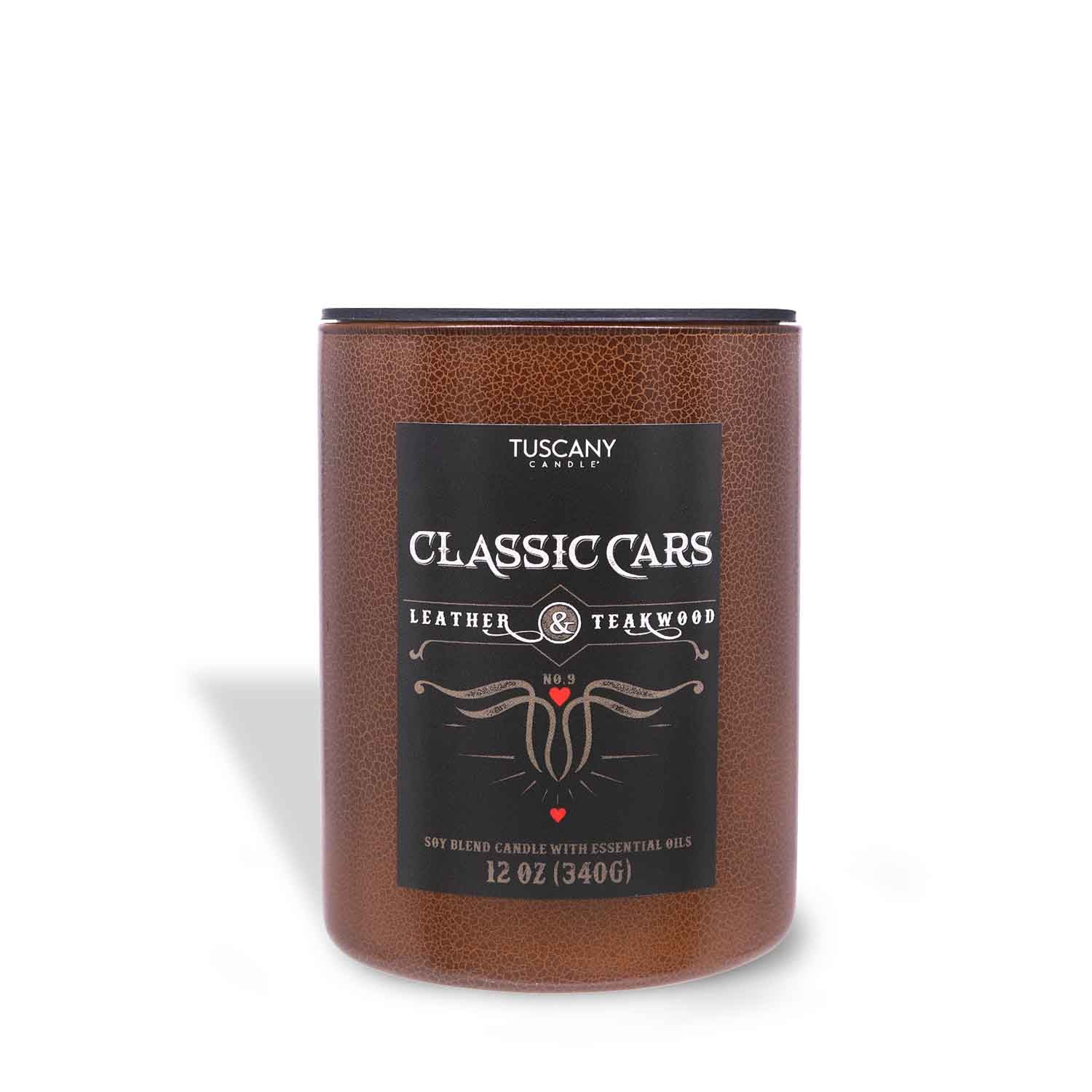 A jar with the words Classic Cars Scented Jar Candle (12 oz) – Rugged Retreat Collection by Tuscany Candle® SEASONAL on it.