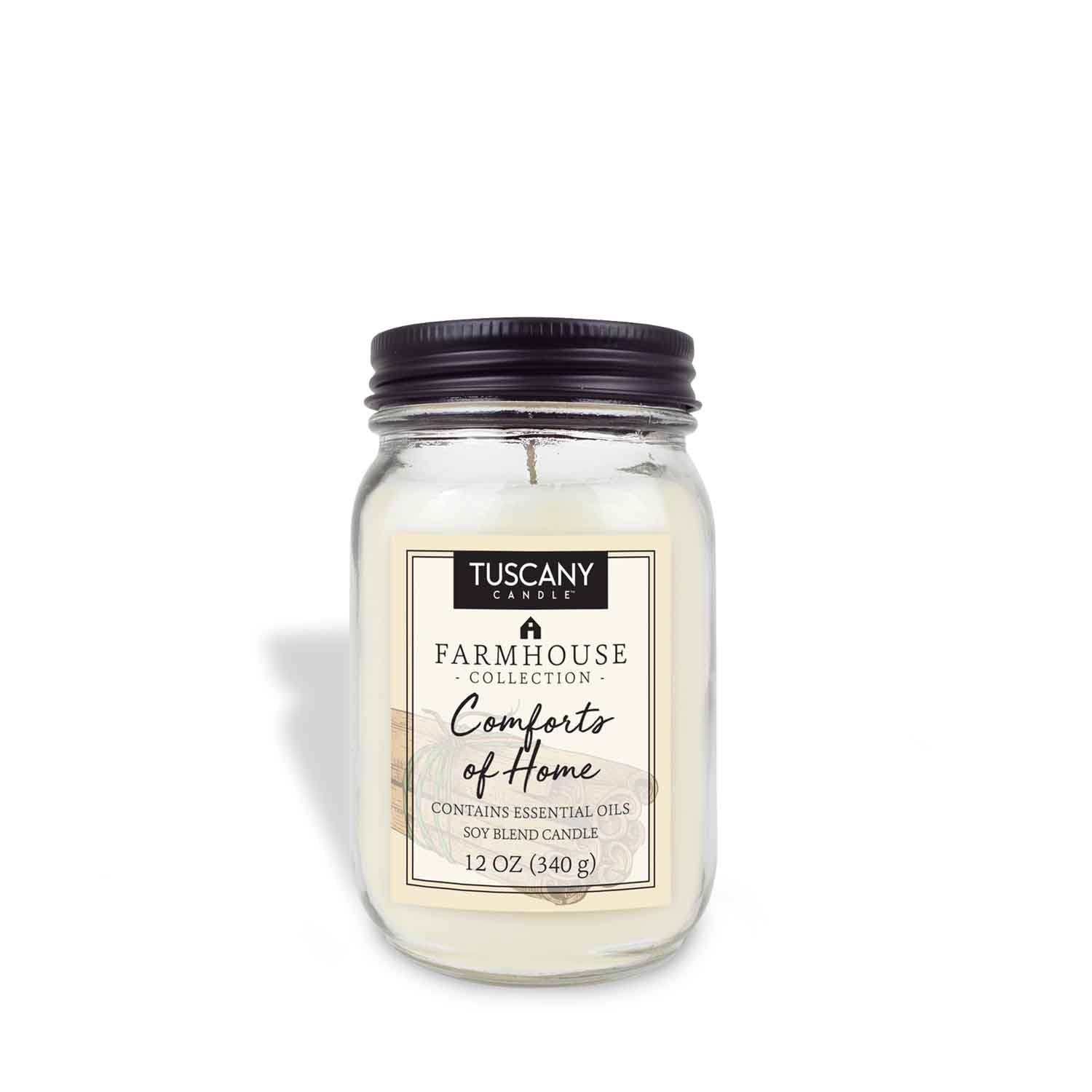 A Tuscany Candle® EVD Comforts of Home Scented Jar Candle (12 oz) – Farmhouse Collection, complete with the aromatic blend of cinnamon, nutmeg, and allspice, creating a warm and inviting atmosphere for any home.