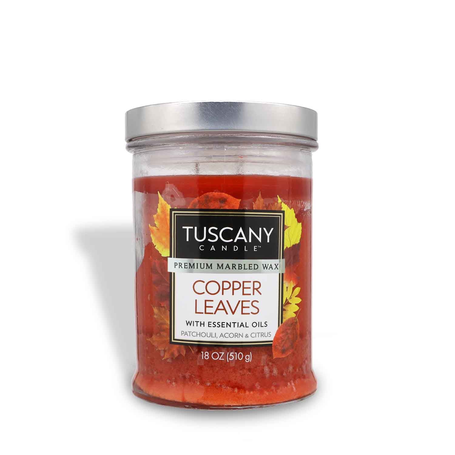 Indulge in the Copper Leaves Long-Lasting Scented Jar Candle (18 oz) by Tuscany Candle, featuring acorn and citrus aromas.