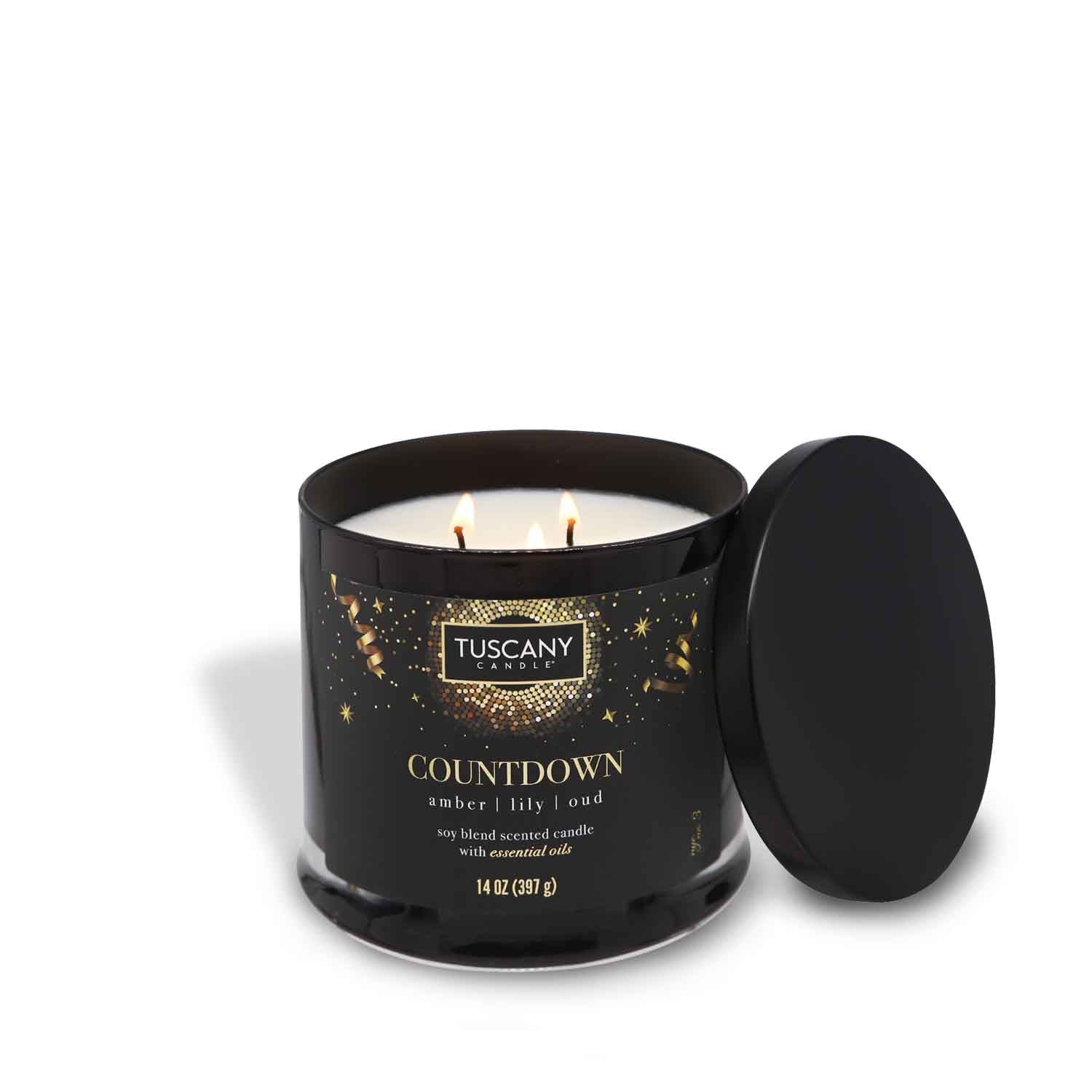 Glossy black jar housing the 'Countdown' candle, exuding scents of amber, lily, and oud, adorned with a stylish New Year's Eve-inspired label.