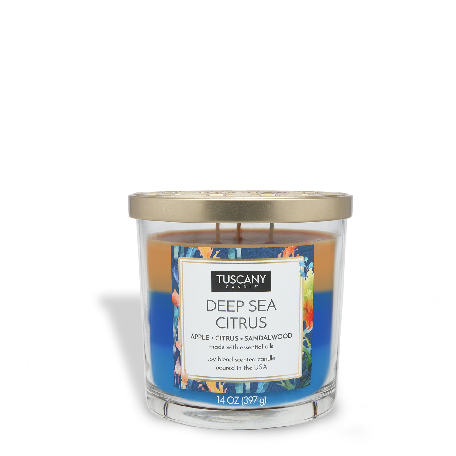 The Deep Sea Citrus Long-Lasting Scented Jar Candle (14 oz) by Tuscany Candle® EVD blends apple, citrus, and sandalwood aromas in a stylish gold-lidded jar.