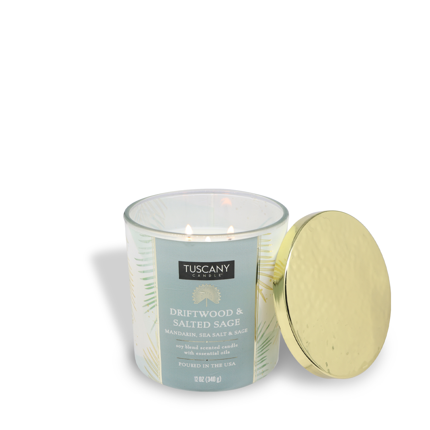A Tuscany Candle® SEASONAL Driftwood & Salted Sage: Eucalyptus Scented Summer Candle (12 oz) from the Island Glam Collection sits with its gold lid on a white background, radiating an invigorating herbal summer fragrance.