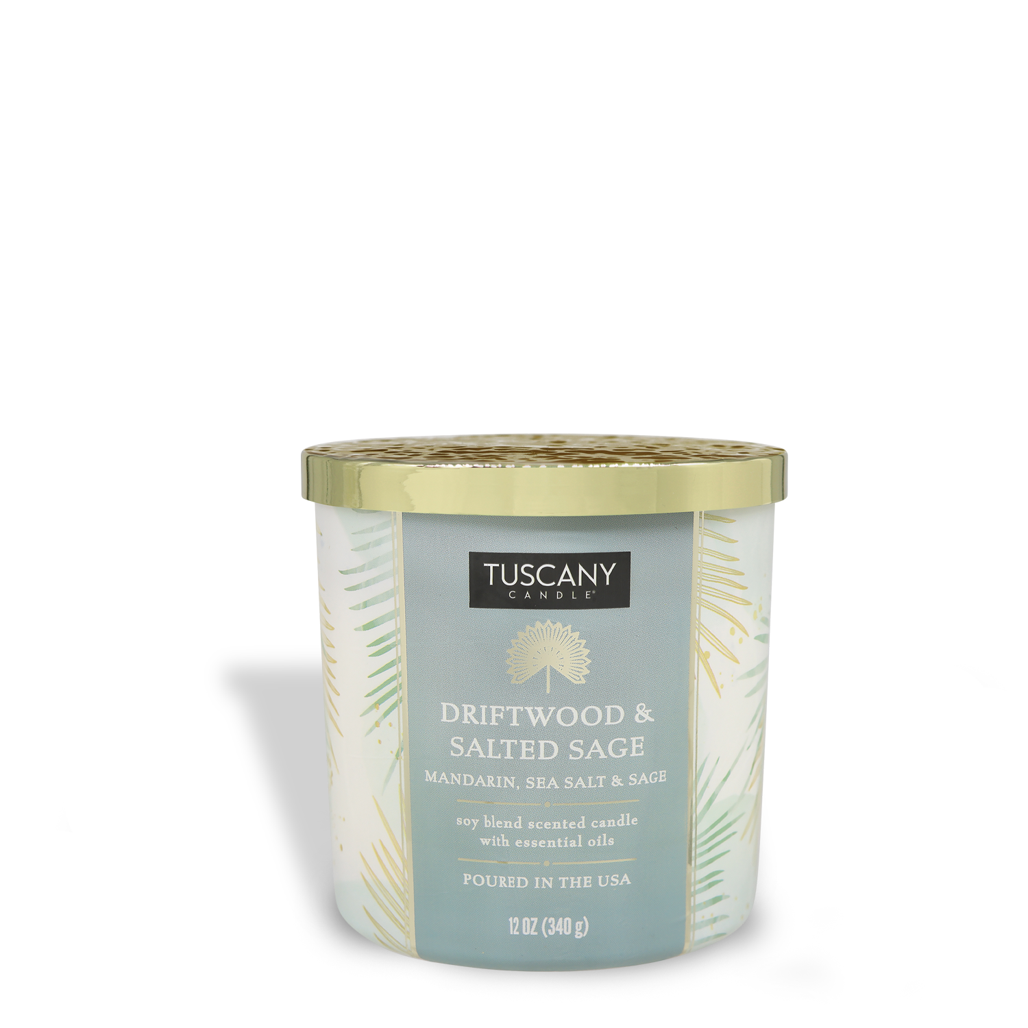The Tuscany Candle® SEASONAL Island Glam Collection features a 12 oz "Driftwood & Salted Sage: Eucalyptus Scented Summer Candle" in a white and gold container with a gold lid, offering an inviting herbal fragrance and essential oils.