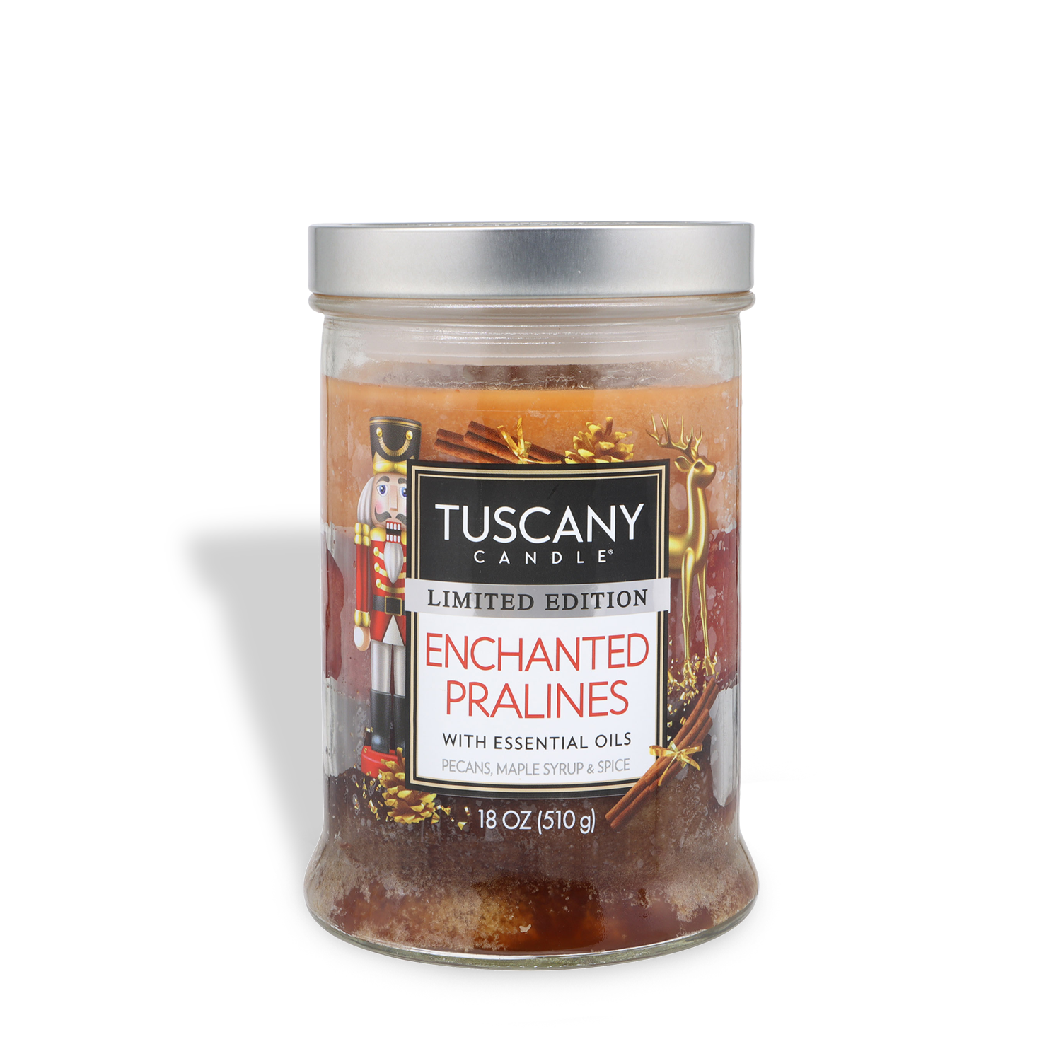 An 18 oz Tuscany Candle® SEASONAL Enchanted Pralines: Maple Syrup & Spice Scented Holiday Candle, a limited edition with notes of pecans, maple syrup, and spice.