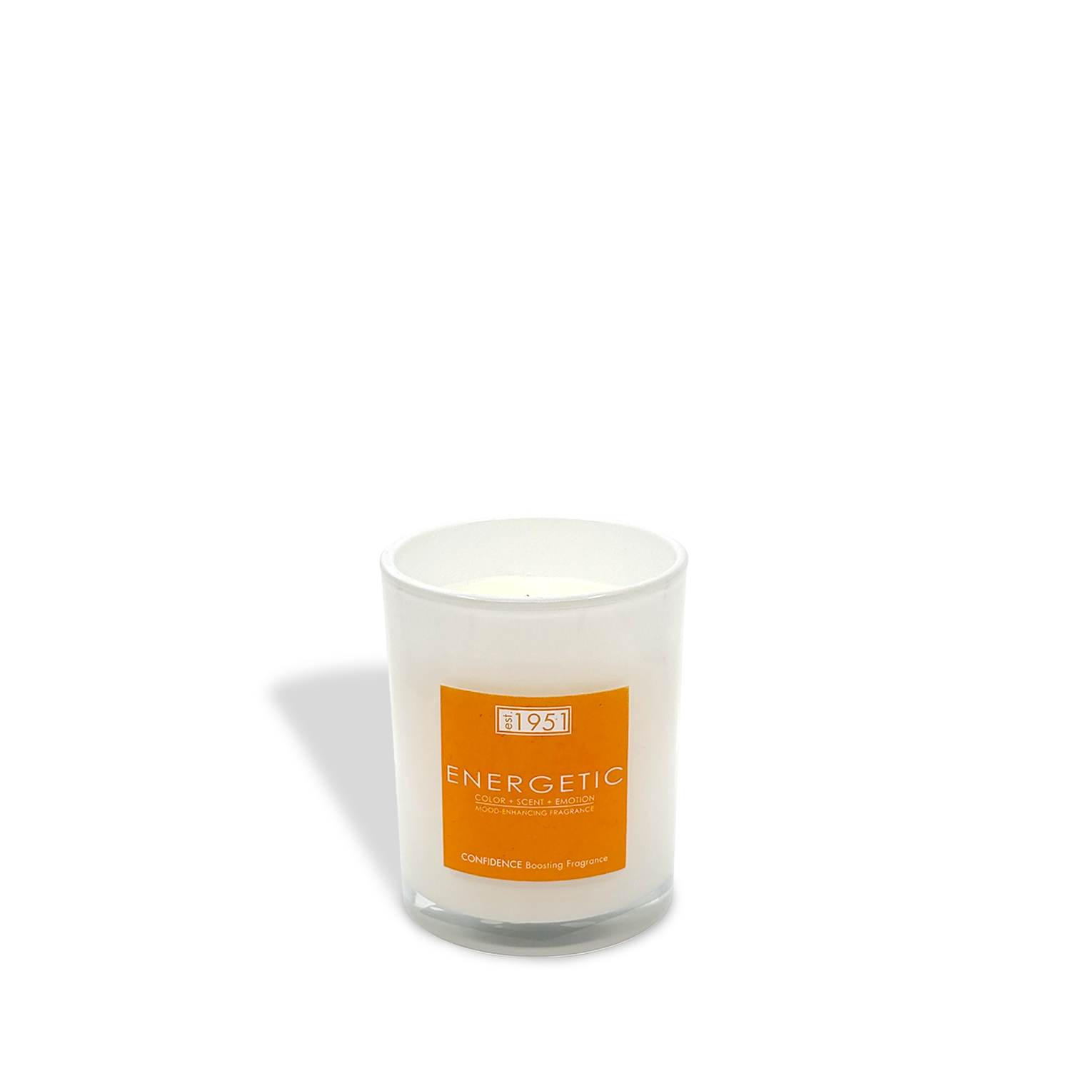 An 8oz white glass candle from est.1951 labeled "Energy" with an orange sticker, set against a white background.