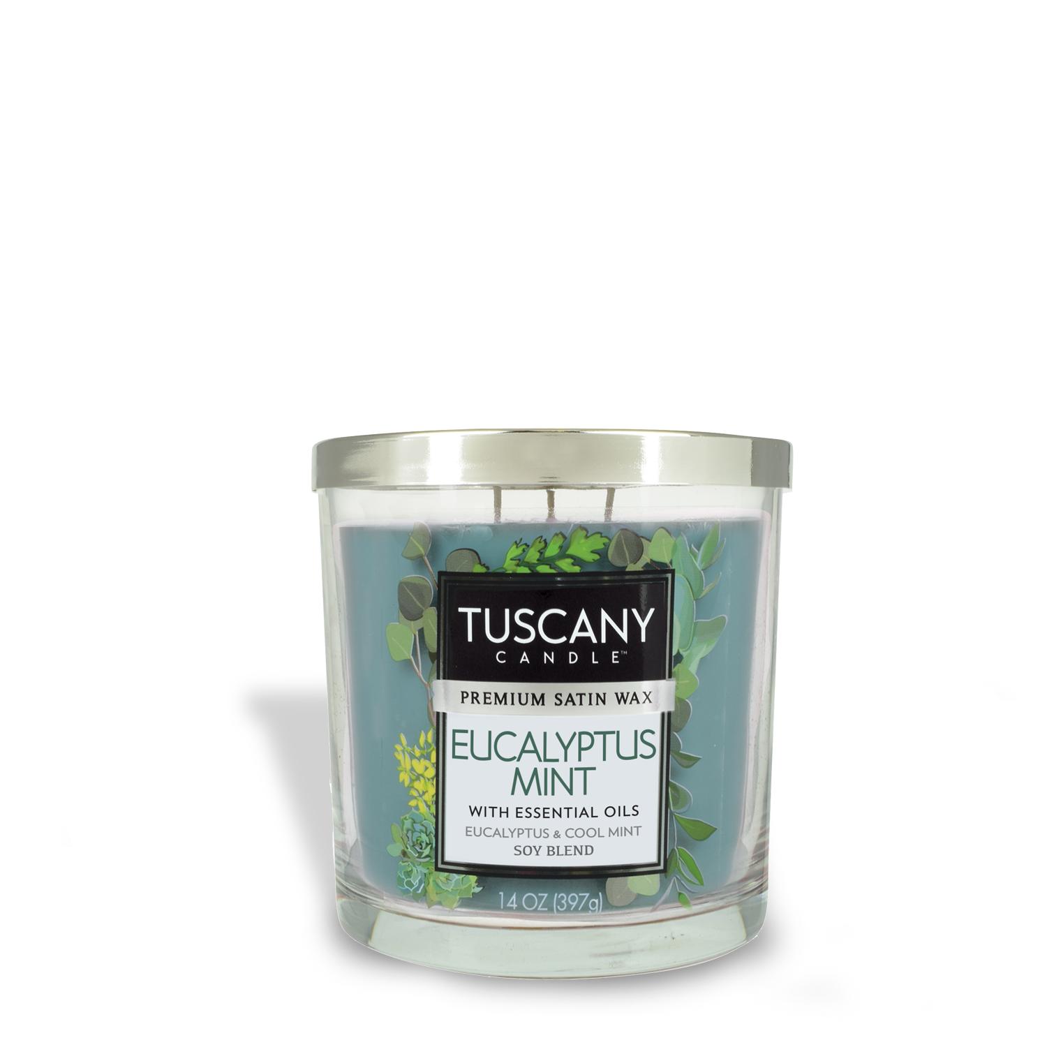 Tuscany Eucalyptus Mint Long-Lasting Scented Jar Candle (14 oz) with a refreshing aroma.