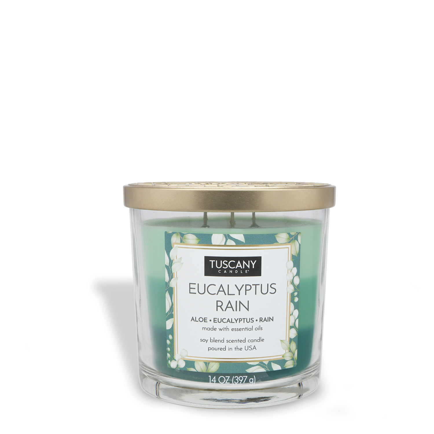 The Tuscany Candle® EVD Eucalyptus Rain Long-Lasting Scented Jar Candle (14 oz) features a gold lid, green wax, and a soy blend formula in a glass jar.