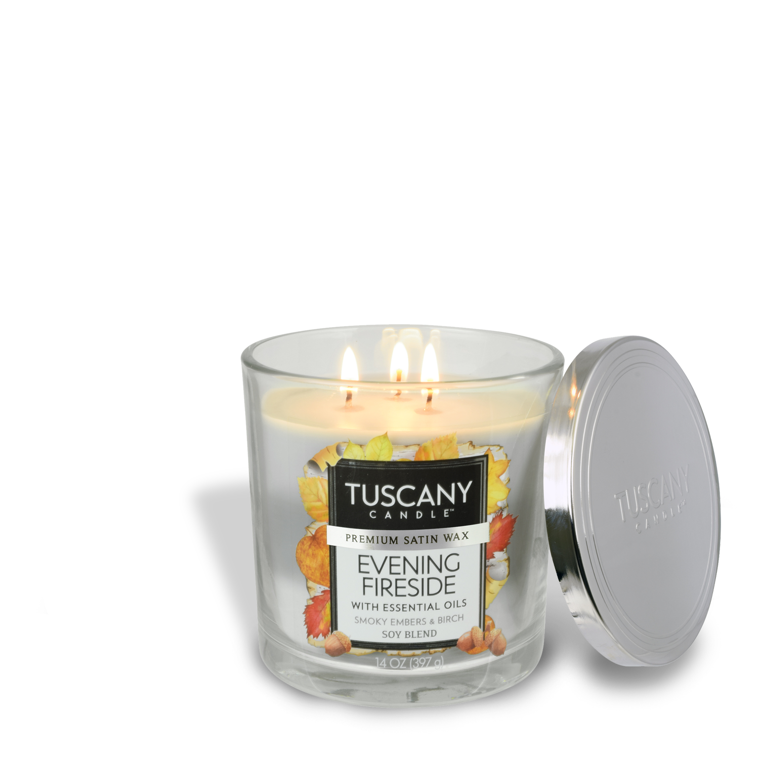 Evening Fireside Long-Lasting Scented Jar Candle (14 oz) by Tuscany Candle is a triple-poured candle with a woodsy fragrance.