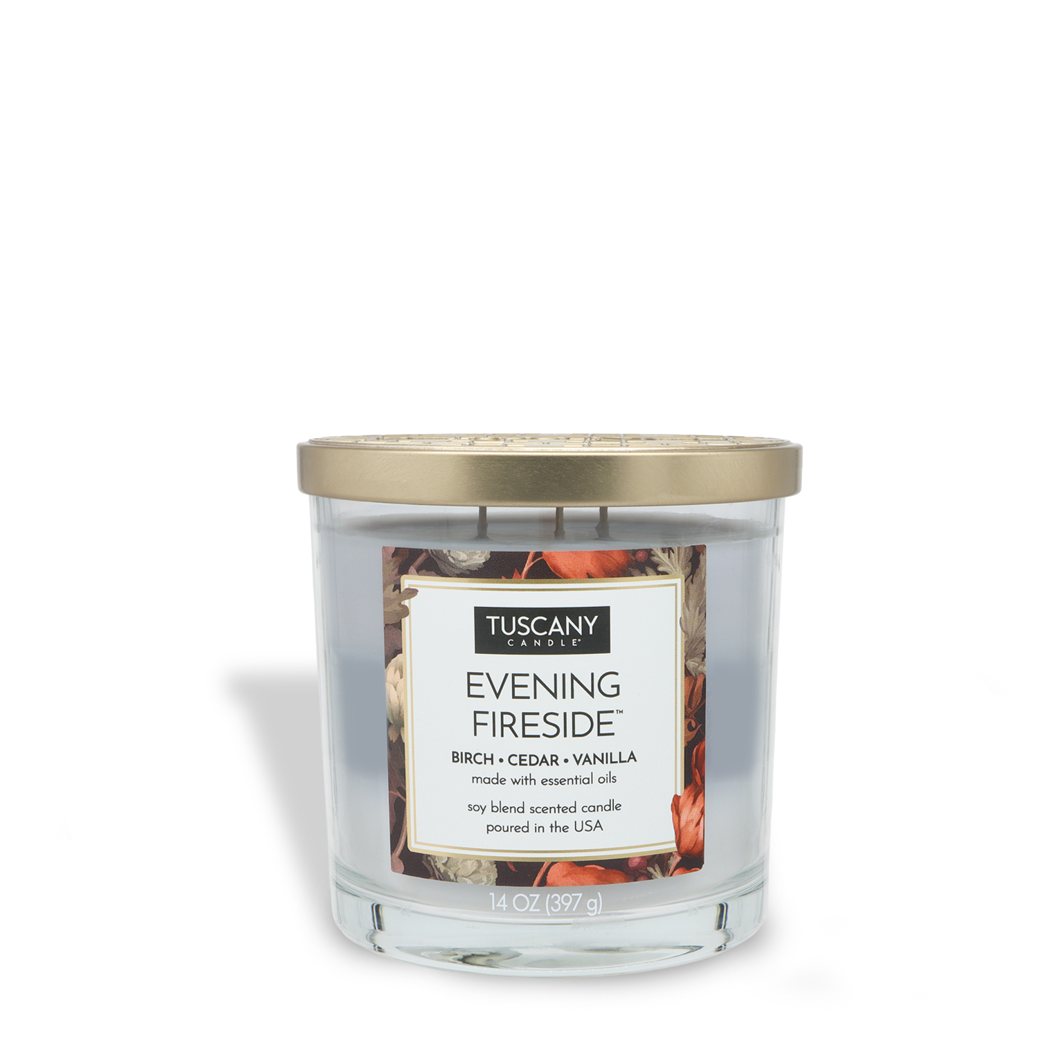 The Tuscany Candle® EVD Evening Fireside Long-Lasting Scented Jar Candle (14 oz) features a cozy birch, cedar, and vanilla fragrance in a clear glass jar with a gold lid.