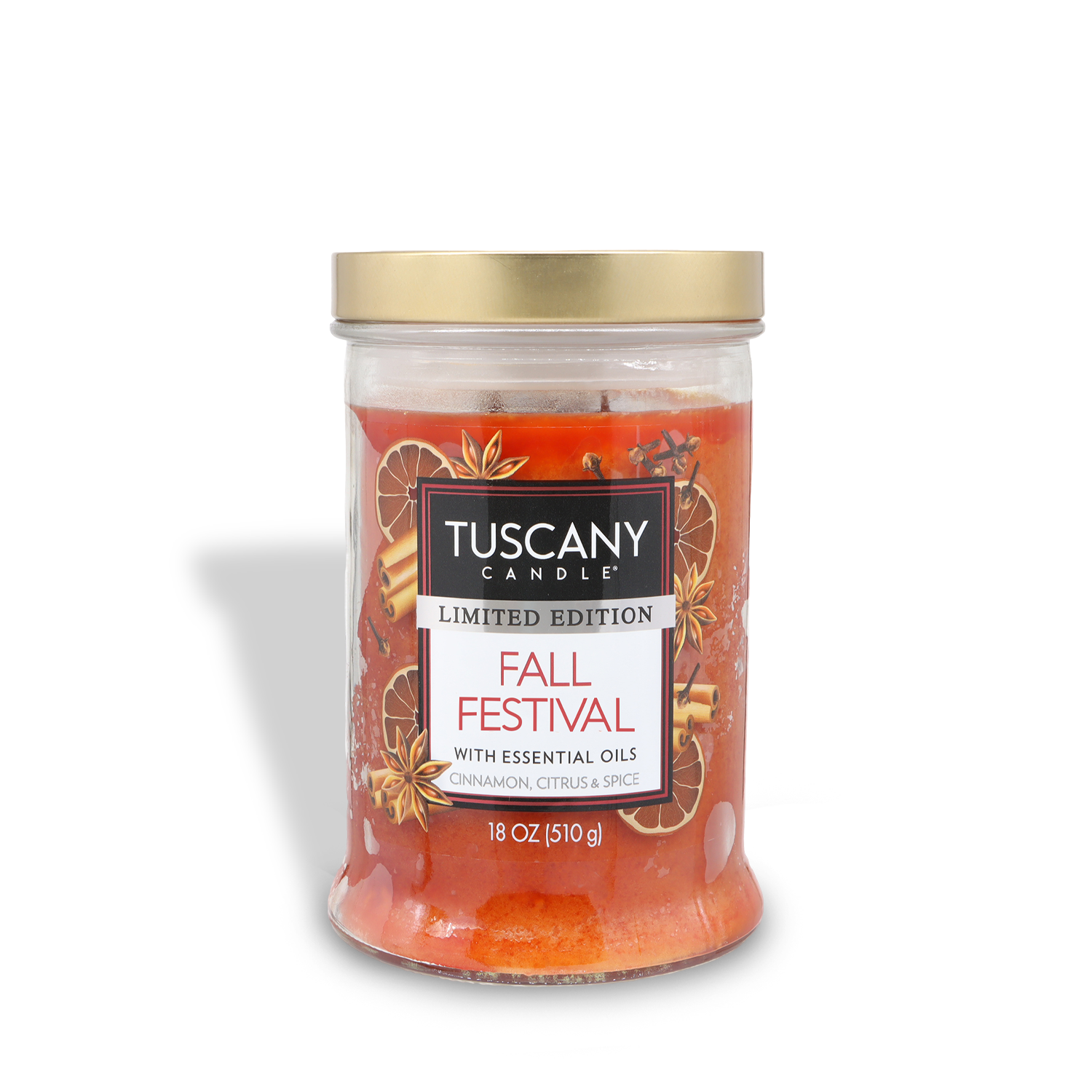 Tuscany Candle® SEASONAL Fall Festival: Cinnamon & Clove Scented Fall Candle (18 oz) is a limited edition jar candle with essential oils and a gold lid, featuring warm cinnamon, citrus, and spice notes.