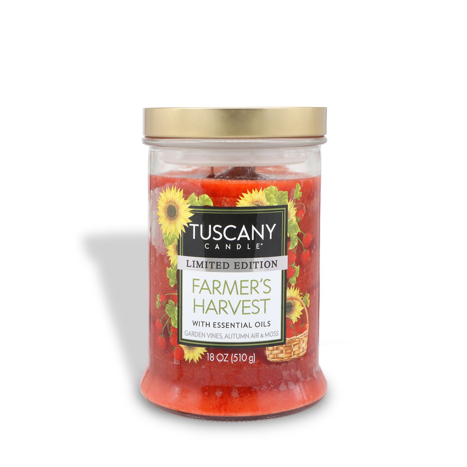 An 18 oz Tuscany Candle® SEASONAL "Farmer's Harvest: Garden Vine & Geranium" glass jar candle with a gold lid, red wax, and a label featuring sunflowers and berries.
