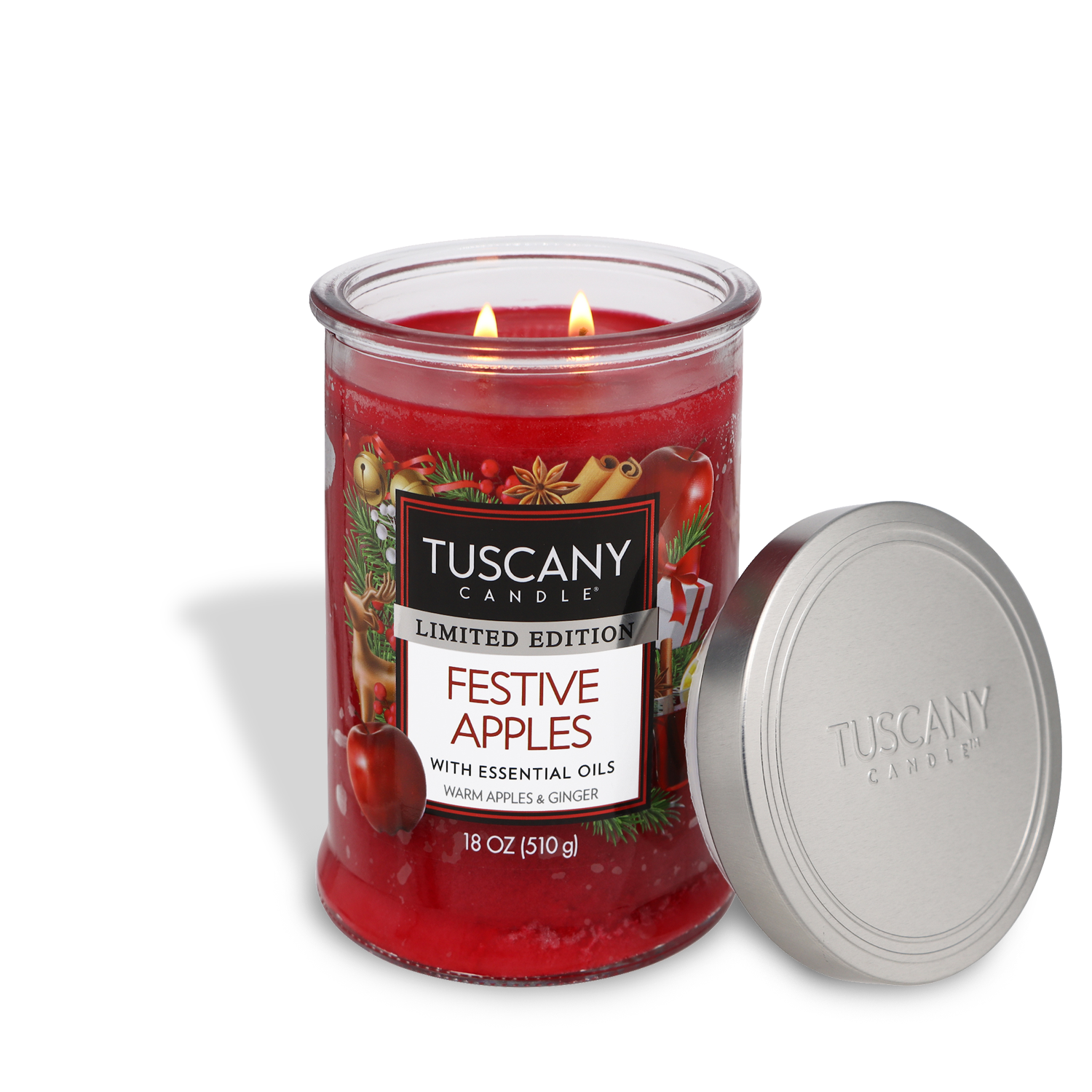 Tuscany Candle Festive Apples Long-Lasting Scented Jar Candle (18 oz) with festive apple fragrance notes.