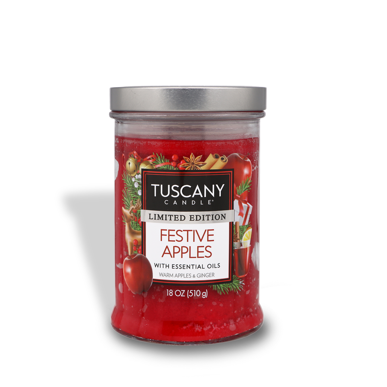 This Festive Apples Long-Lasting Scented Jar Candle (18 oz) from Tuscany Candle is a scented candle with delightful fragrance notes of festive apple.
