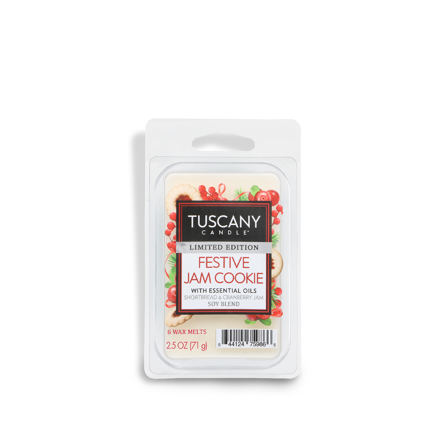 A 2.5 oz package of Tuscany Candle® SEASONAL Festive Jam Cookie: Shortbread & Cranberry scented holiday wax melts, featuring a label with cookies and cranberries, contains six wax melts.