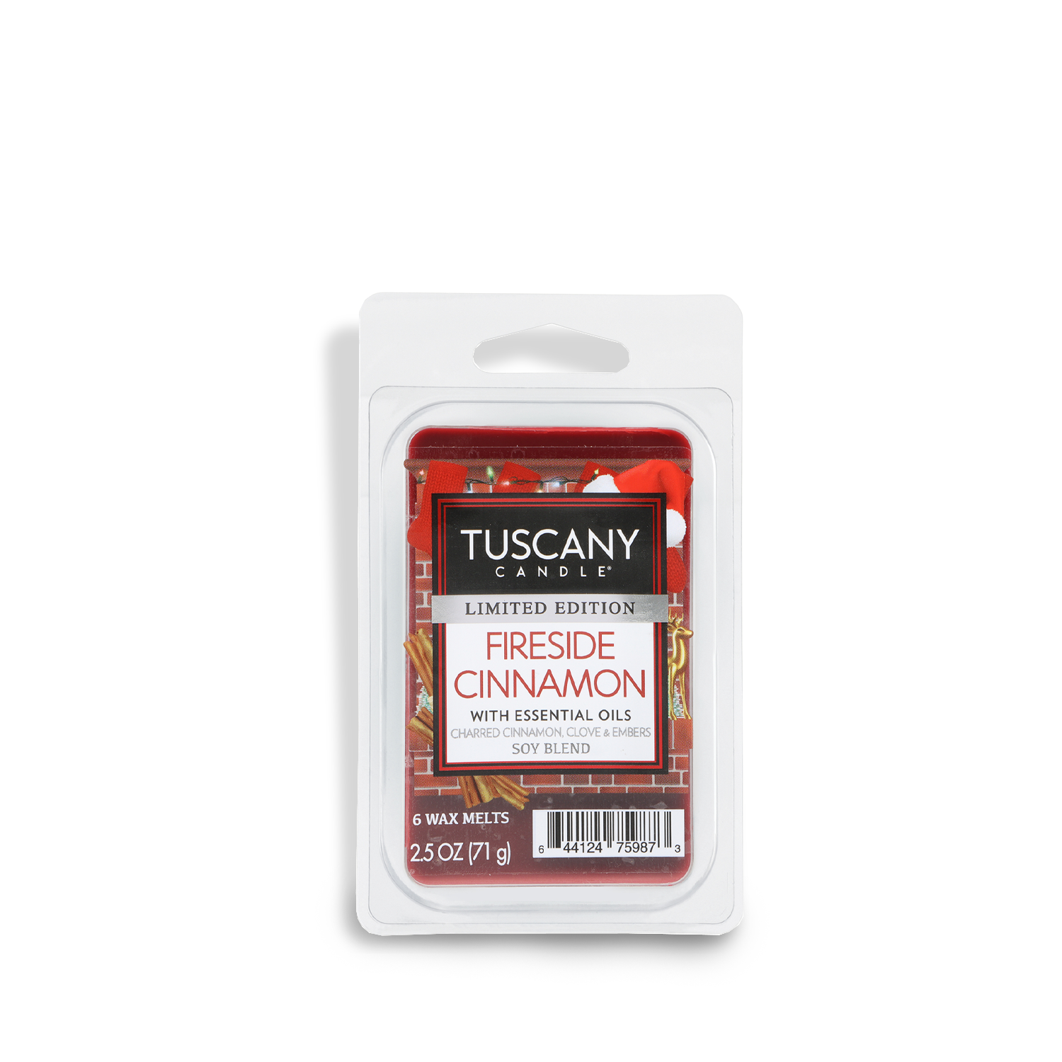 A 2.5 oz Tuscany Candle® SEASONAL Fireside Cinnamon: Charred Clove & Embers Holiday Wax Melt featuring six red wax cubes in a clear plastic container.