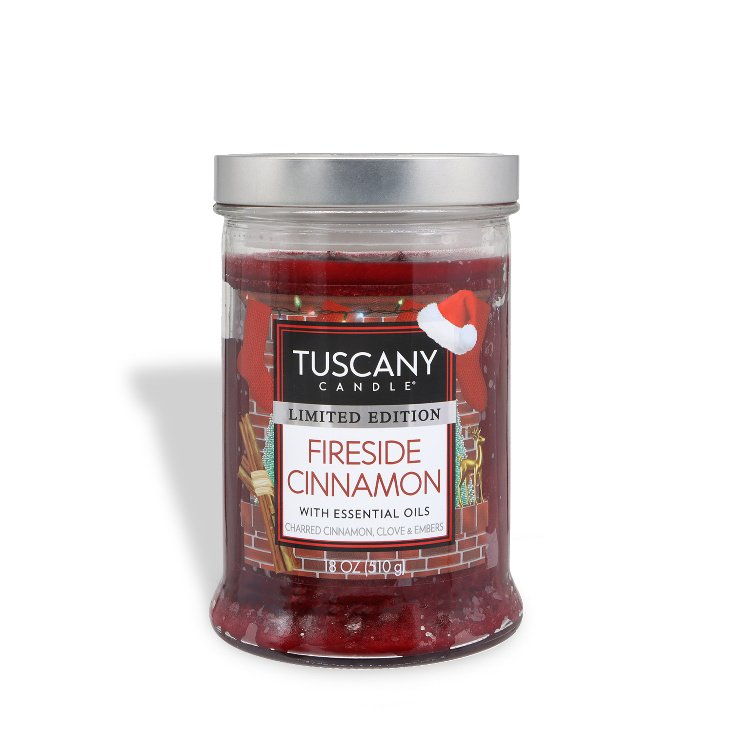 An 18 oz clear glass jar candle with red wax, silver lid, and labeled "Tuscany Candle® SEASONAL Fireside Cinnamon: Charred Clove & Embers Scented Holiday Candle.