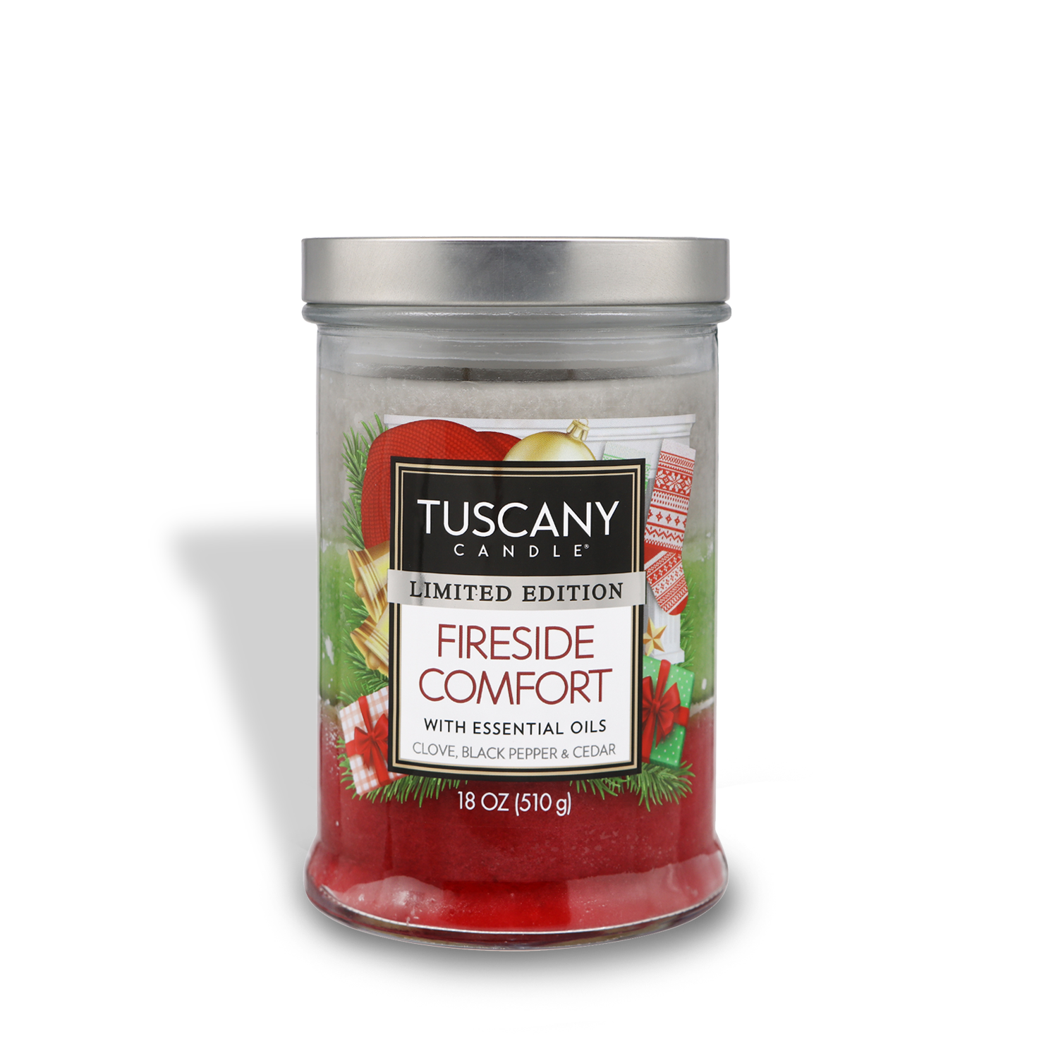A Fireside Comfort scented candle from the Christmas collection, infused with essential oils of Cedar, Black Pepper, and Clove.