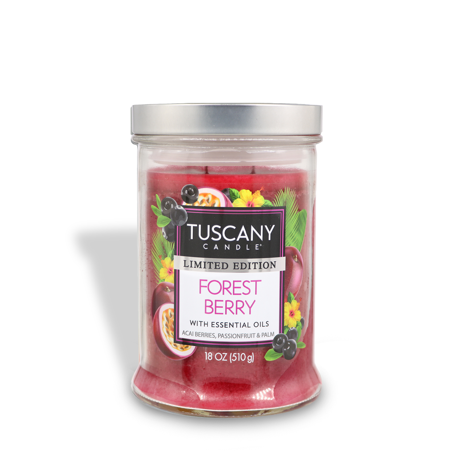 A clear glass jar of Tuscany Candle® SEASONAL Forest Berry: Passionfruit Scented Summer Candle (18 oz), featuring vibrant images of berries, acai, and passionfruit on the label for a burst of tropical sweetness.