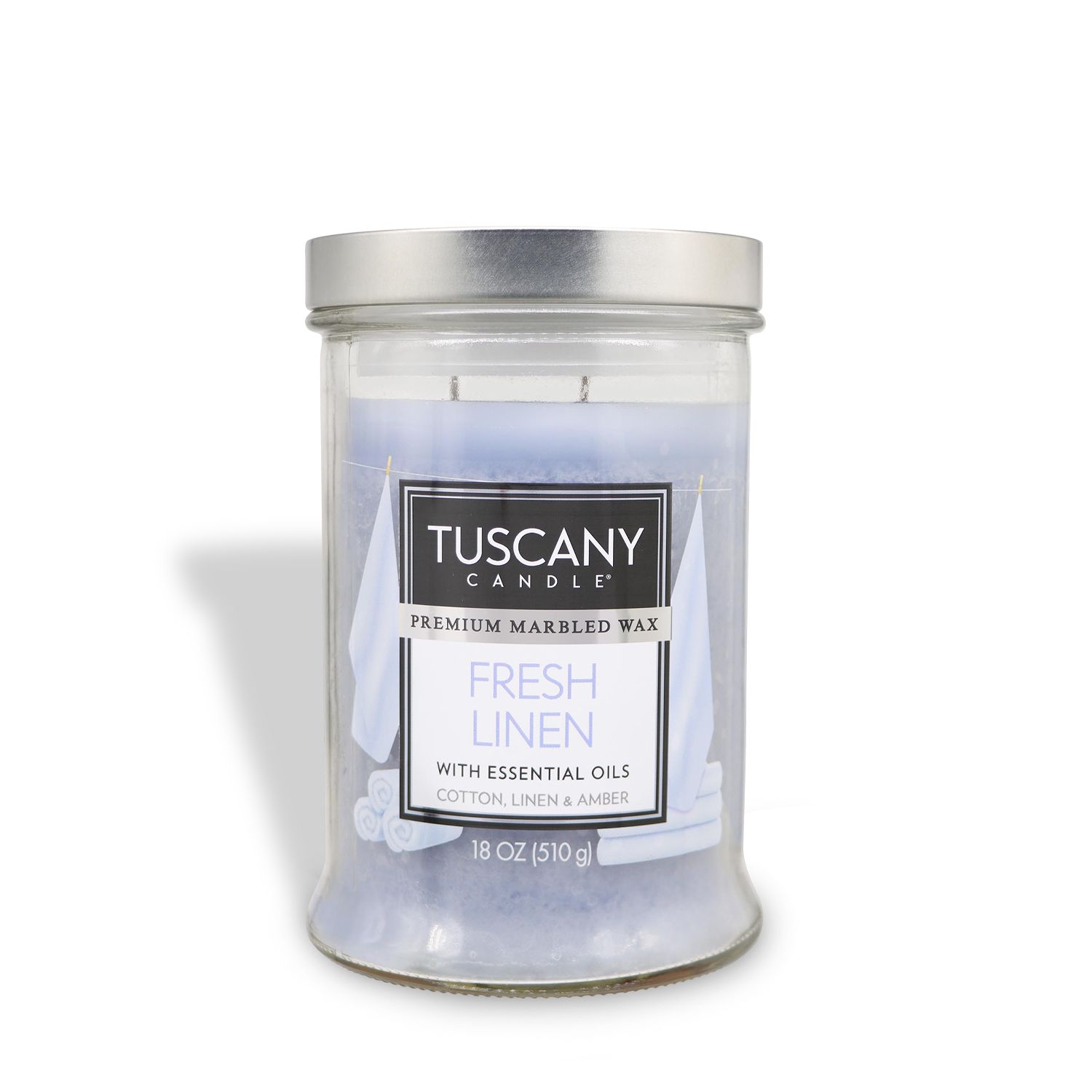 An 18 oz Tuscany Candle® EVD jar in "Fresh Linen" scent, crafted with premium marbled wax and essential oils, features cotton, linen, and amber notes.