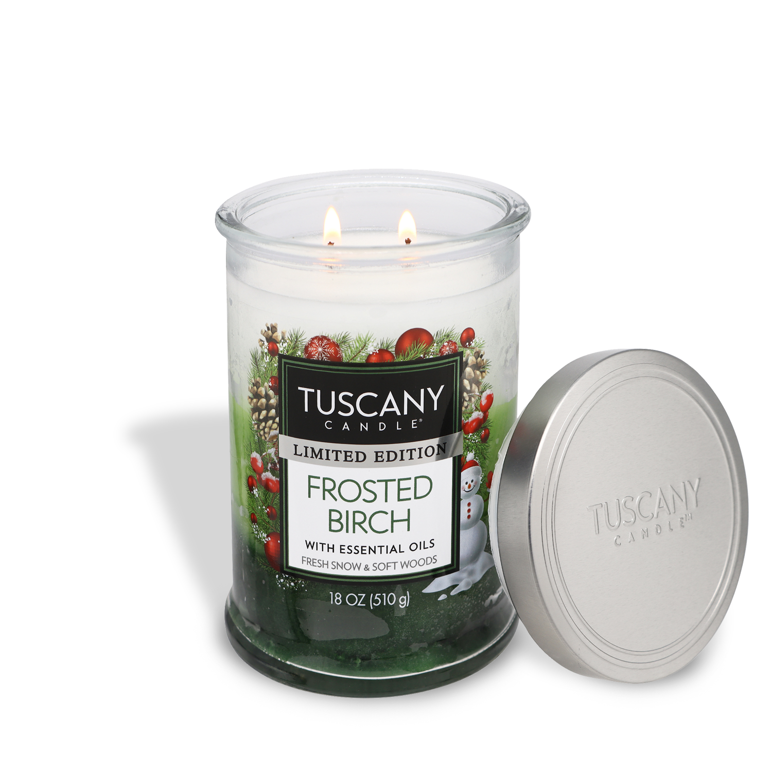 18oz Frosted Birch scented candle with three-colored layered premium wax, evoking the essence of fresh snow and frozen pine, ideal for wintertime and Christmas ambiance.