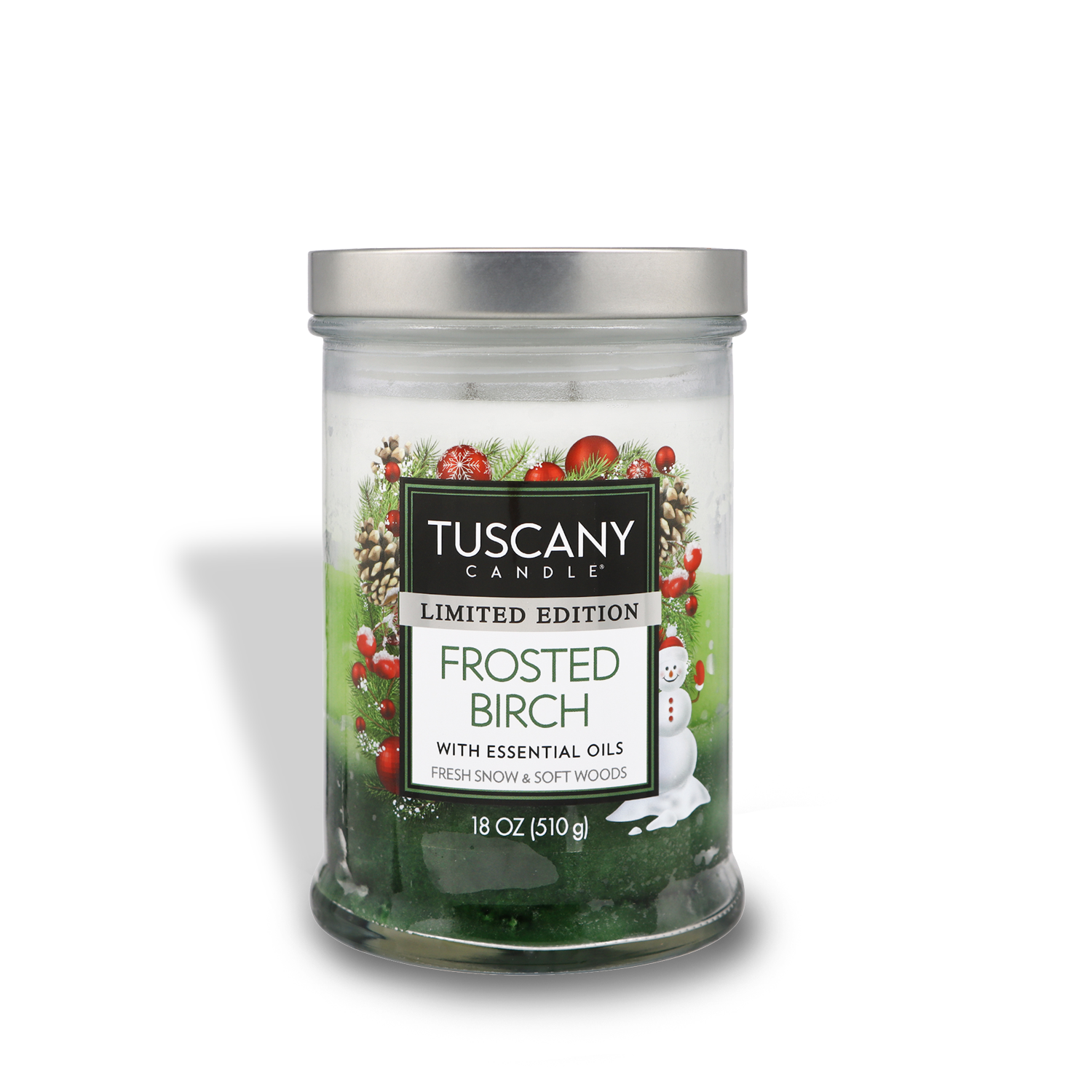18oz Frosted Birch scented candle with three-colored layered premium wax, evoking the essence of fresh snow and frozen pine, ideal for wintertime and Christmas ambiance.