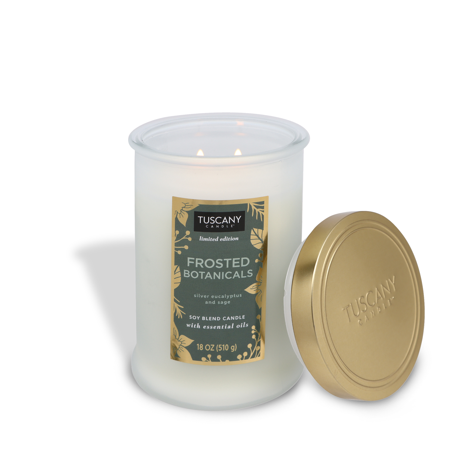 18oz Frosted Botanicals scented candle with three-colored layered premium wax, exuding aromas of fresh snow, eucalyptus, sage, and winter botanicals, perfect for creating a wintertime and Christmas atmosphere.