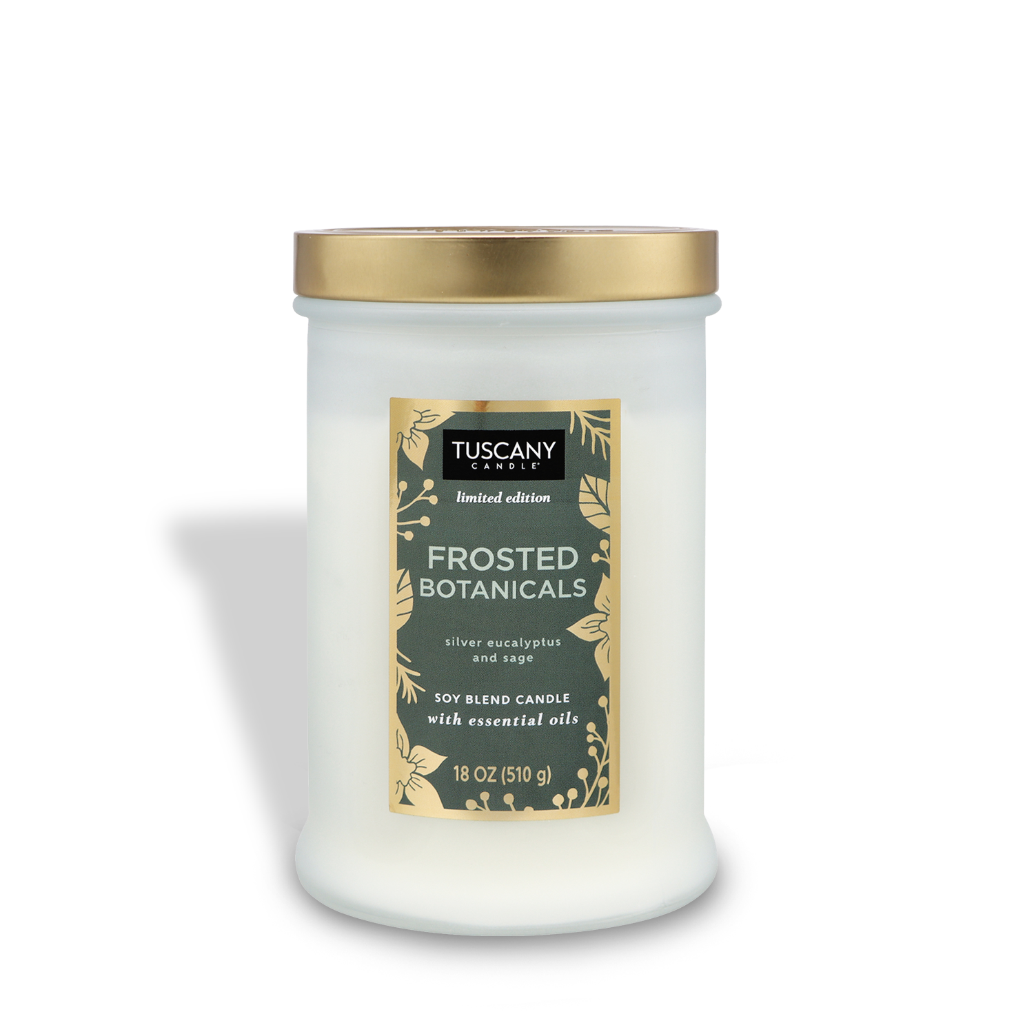 18oz Frosted Botanicals scented candle with three-colored layered premium wax, exuding aromas of fresh snow, eucalyptus, sage, and winter botanicals, perfect for creating a wintertime and Christmas atmosphere.