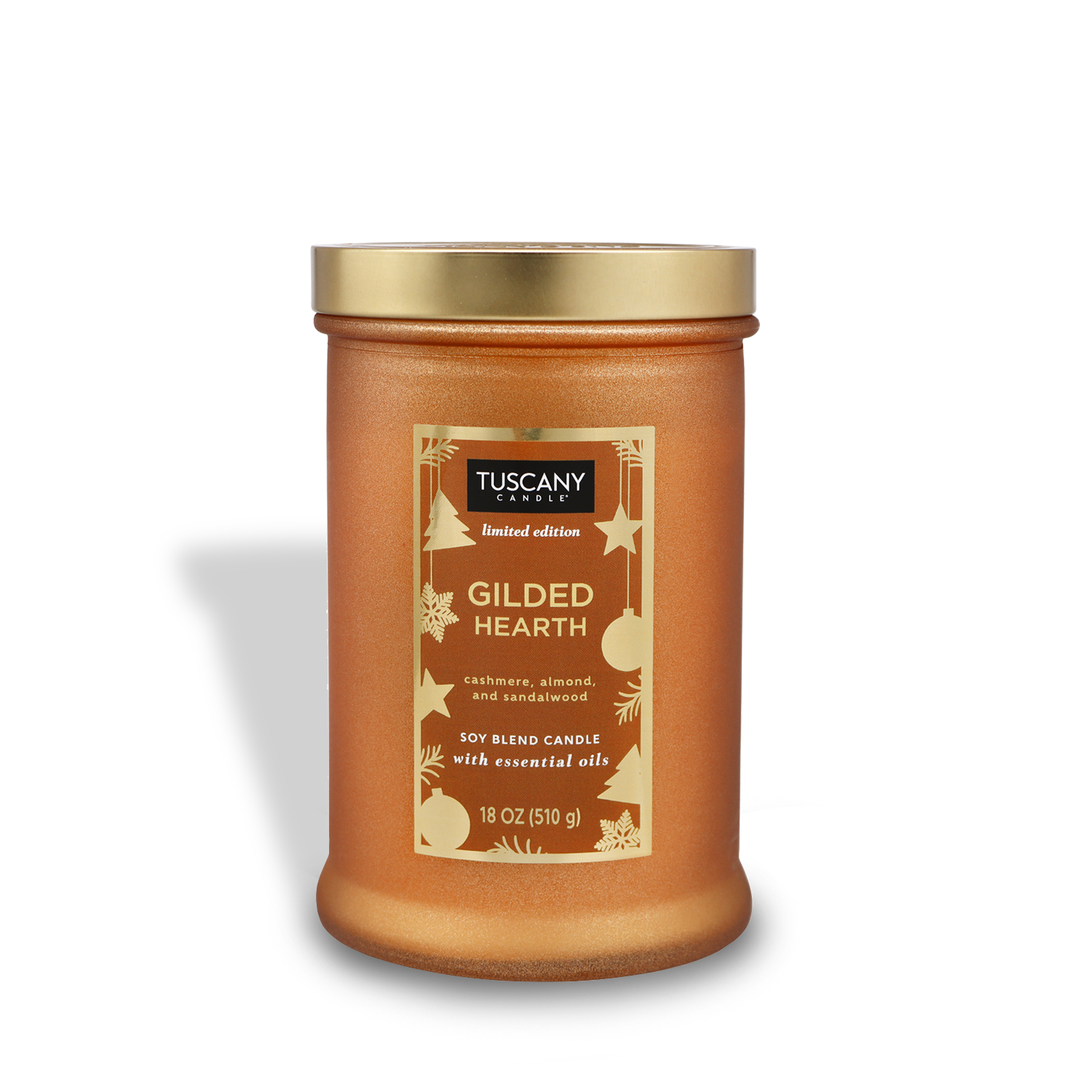 18oz Gilded Hearth limited edition scented candle in a painted glass jar, radiating notes of cashmere, sweet almond, and sandalwood, ideal as a luxurious holiday and Christmas centerpiece.