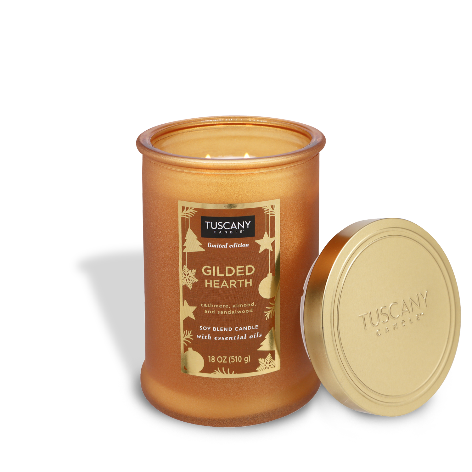 18oz Gilded Hearth limited edition scented candle in a painted glass jar, radiating notes of cashmere, sweet almond, and sandalwood, ideal as a luxurious holiday and Christmas centerpiece.