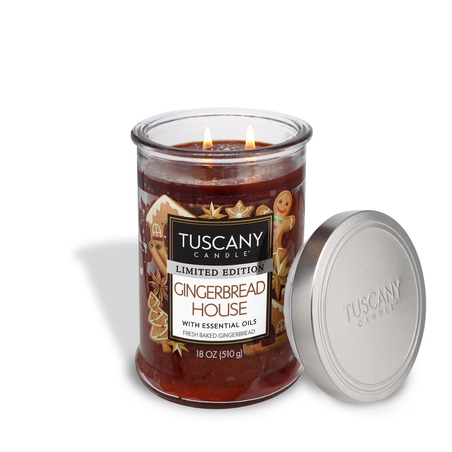 18oz 'Gingerbread House' scented candle in a sleek glass jar, emitting a warm glow and evoking the festive aroma of gingerbread cookies with sweet icing, perfect for the holiday season.