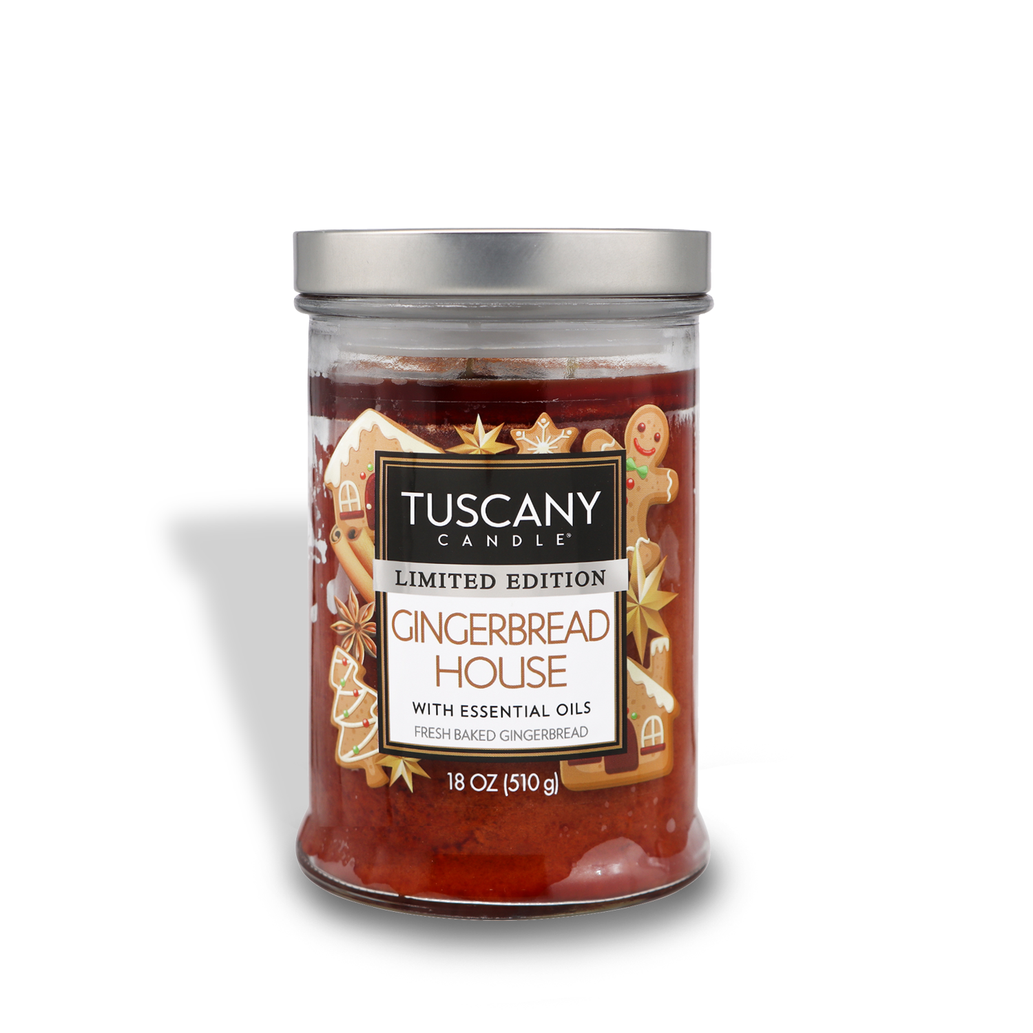 18oz 'Gingerbread House' scented candle in a sleek glass jar, emitting a warm glow and evoking the festive aroma of gingerbread cookies with sweet icing, perfect for the holiday season.