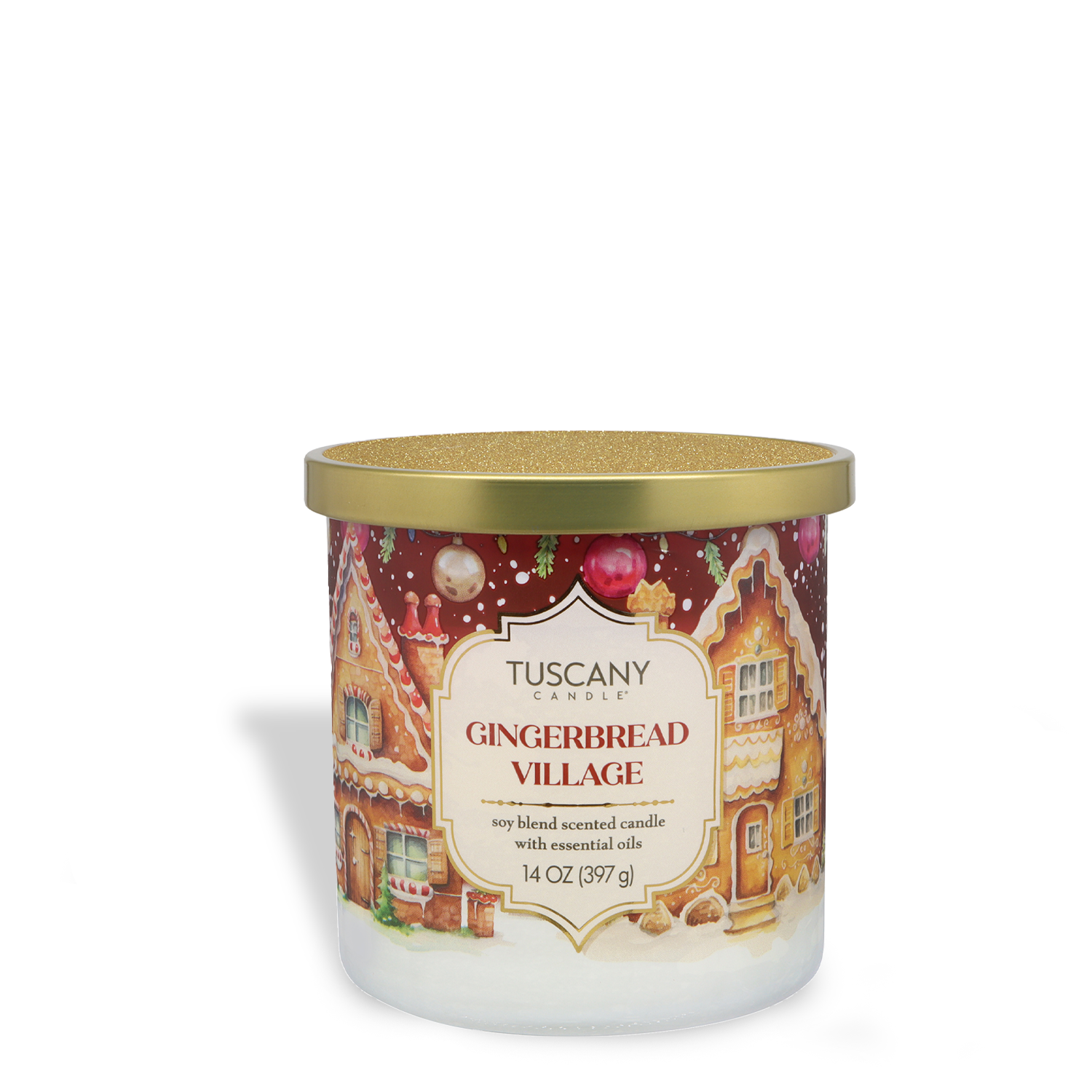The Tuscany Candle® SEASONAL Traditions Collection features a 14 oz "Gingerbread Village: Classic Gingerbread & Sugar Scented Holiday Candle" with festive gingerbread house-themed design and a gold lid.