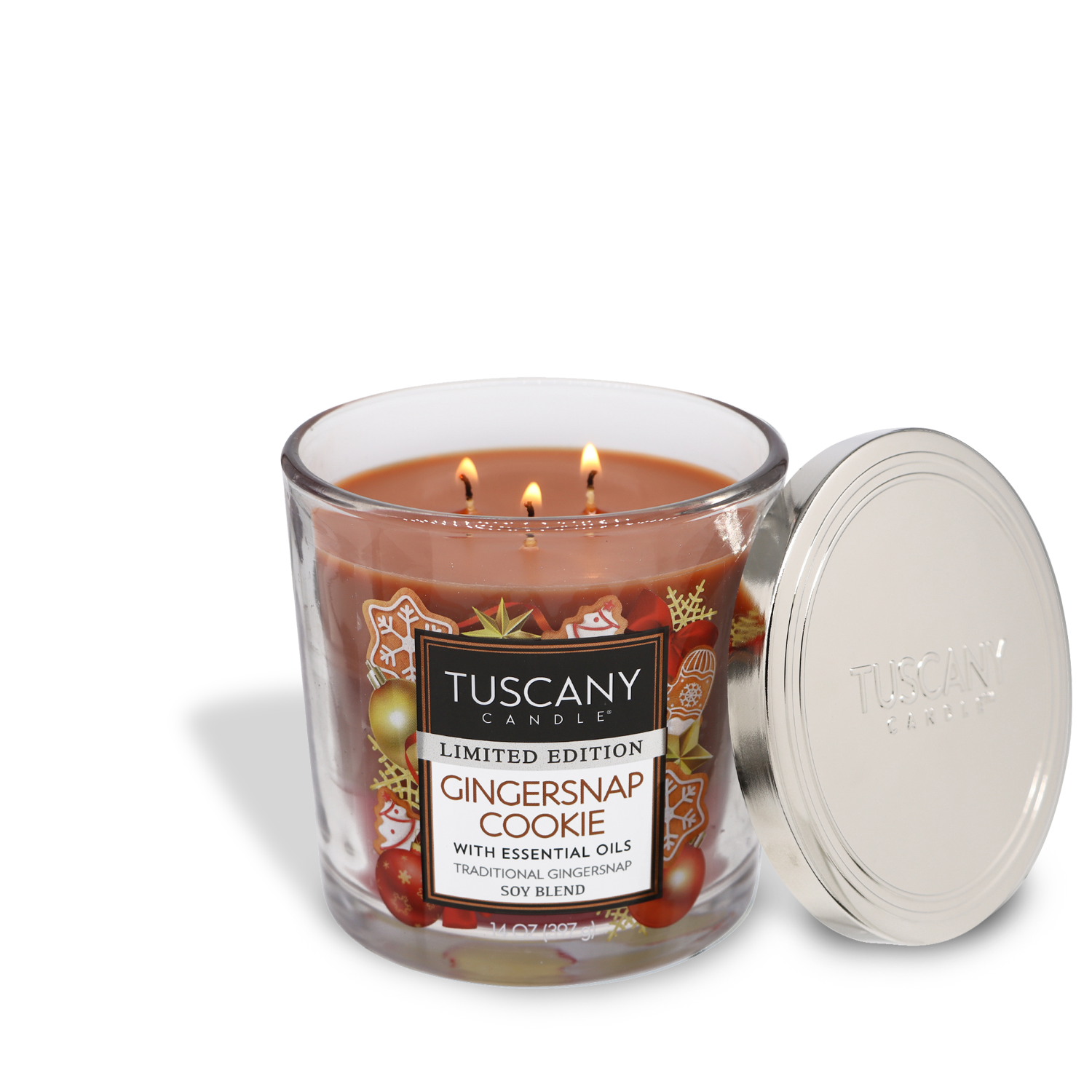 14oz Gingersnap Cookie scented candle in a glass jar with a silver lid, emanating sweet aromas of Molasses, candied ginger, cinnamon, and sugar from the Christmas candle collection
